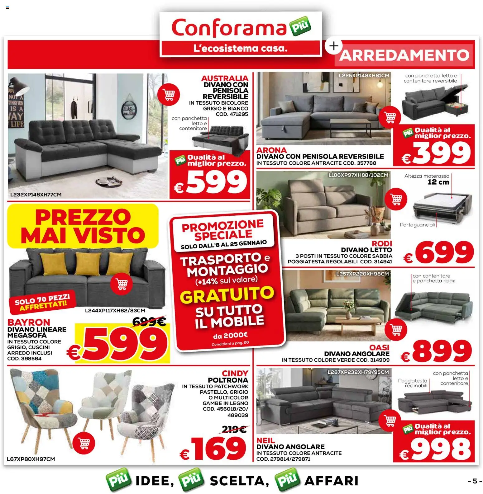 Volantino Conforama del 08.01.2026 | Pagina: 5 | Prodotti: Divano letto, Divano angolare, Letto, Poltrona