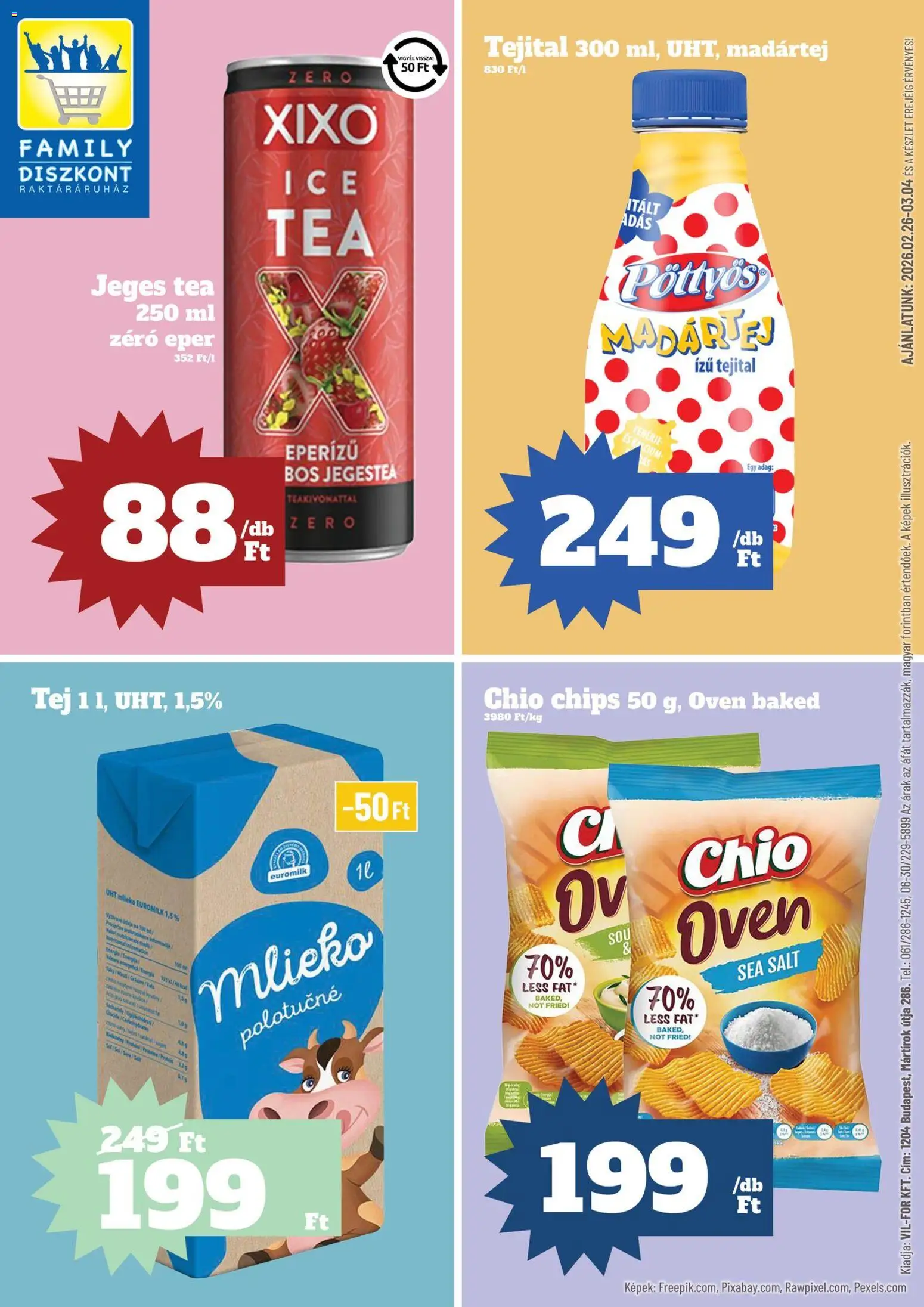 Family Diszkont akciós ujság - amely érvényes a következő dátumtól: 26.02.2026 | Oldal: 1 | Termékek: Chips, Fehérje, Tej, Eper