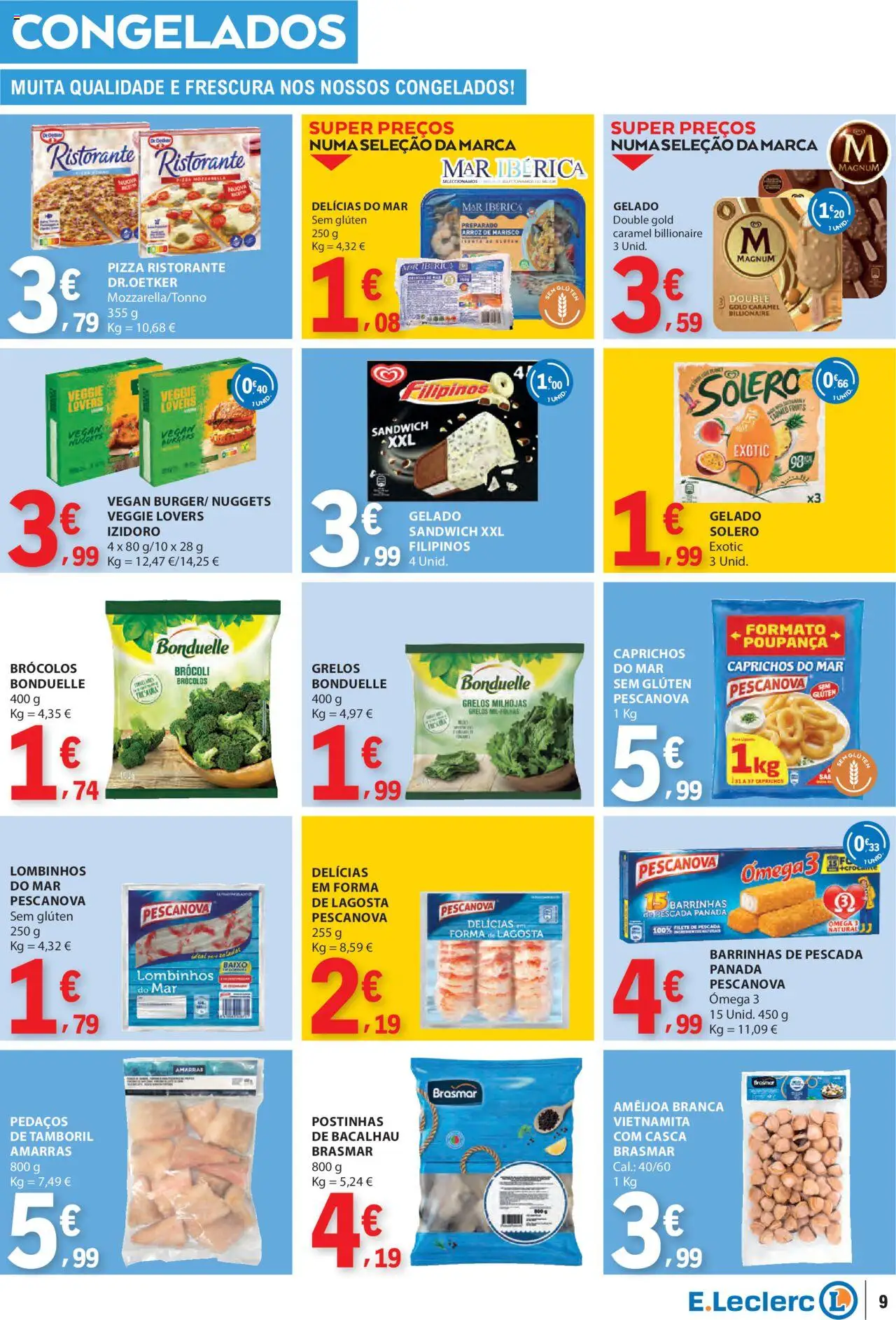 E.Leclerc folheto │ válido de 21.08.2025 | Página: 9 | Produtos: Brócolos, Pescada, Pizza, Tamboril