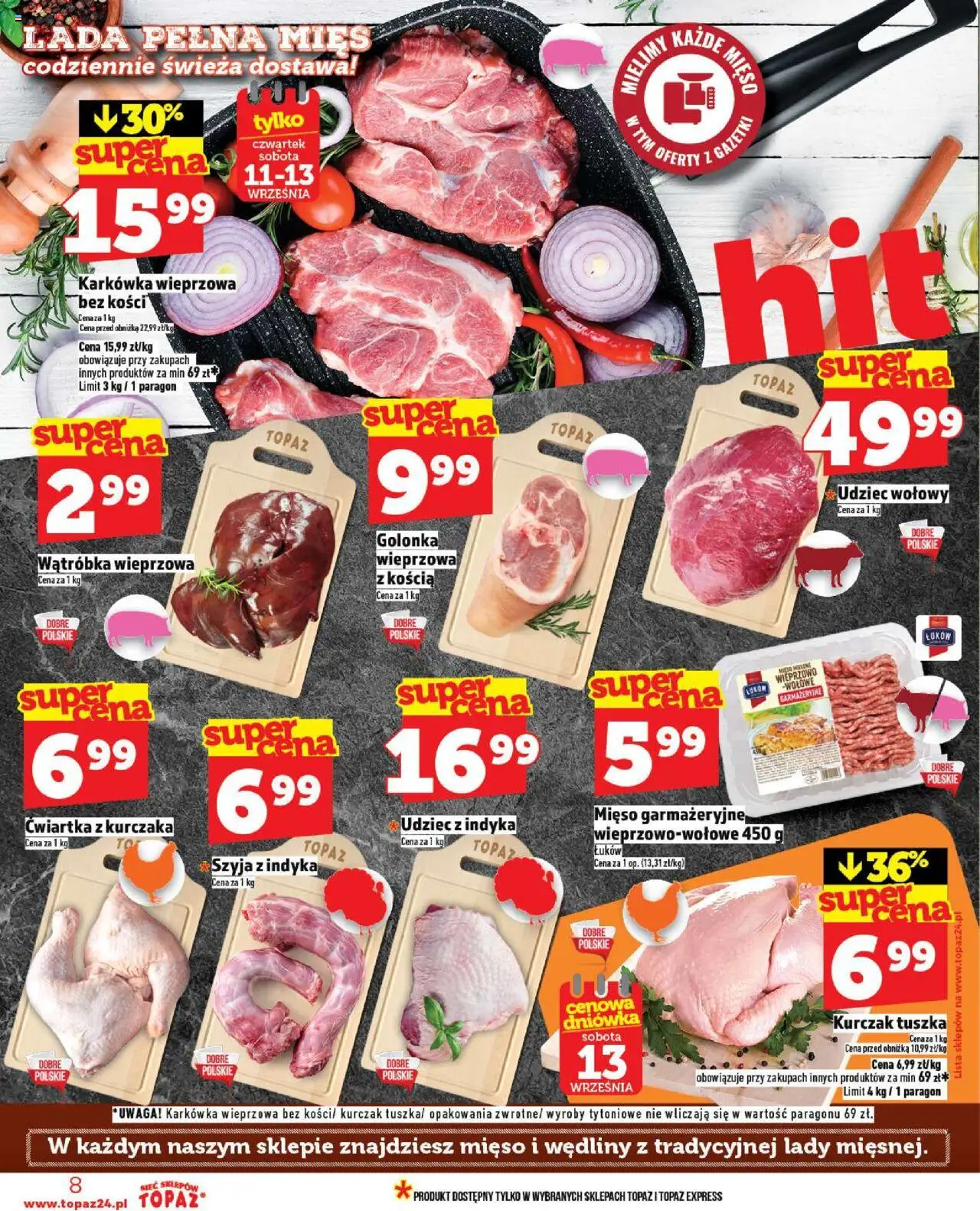 Topaz Gazetka MAZ od 11.09.2025 | Strona: 8 | Produkty: Kurczak, Wątróbka, Wędliny, Ćwiartka z kurczaka