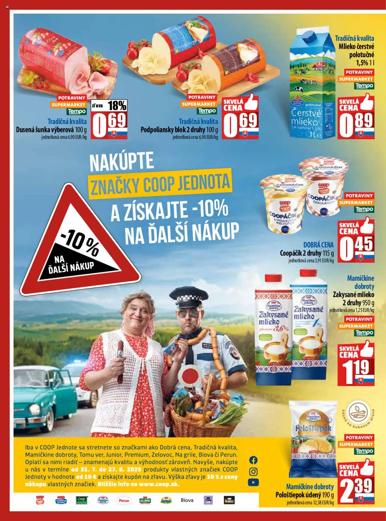 COOP Jednota leták │ platný od 21.08.2025 | Strana: 2 | Produkty: Mlieko, Šunka, Zakysané mlieko