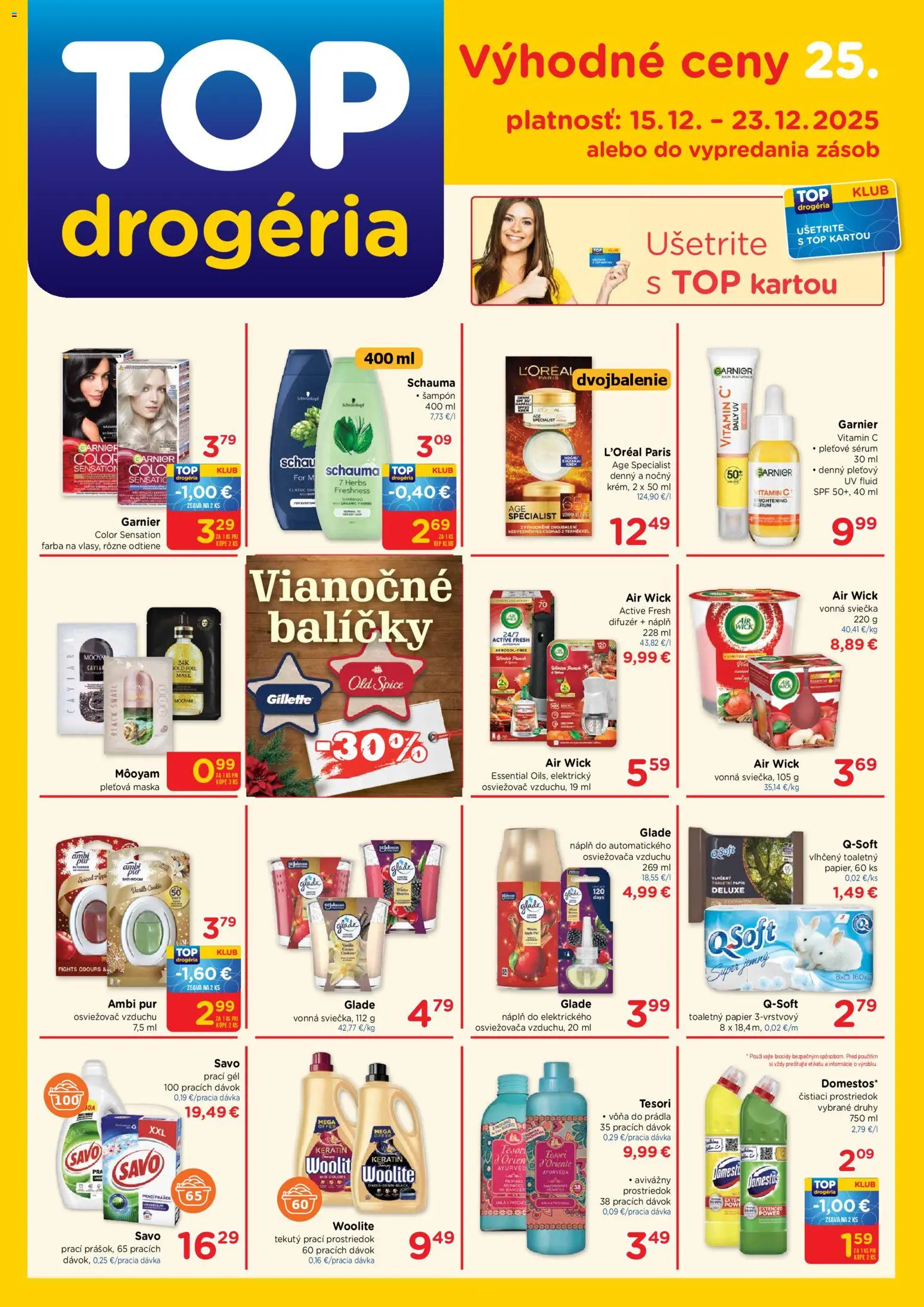 Nové TOP Drogéria akcie – leták je platný od 15.12.2025 | Strana: 1 | Produkty: Difúzer, Osviežovač vzduchu, Woolite, Air Wick