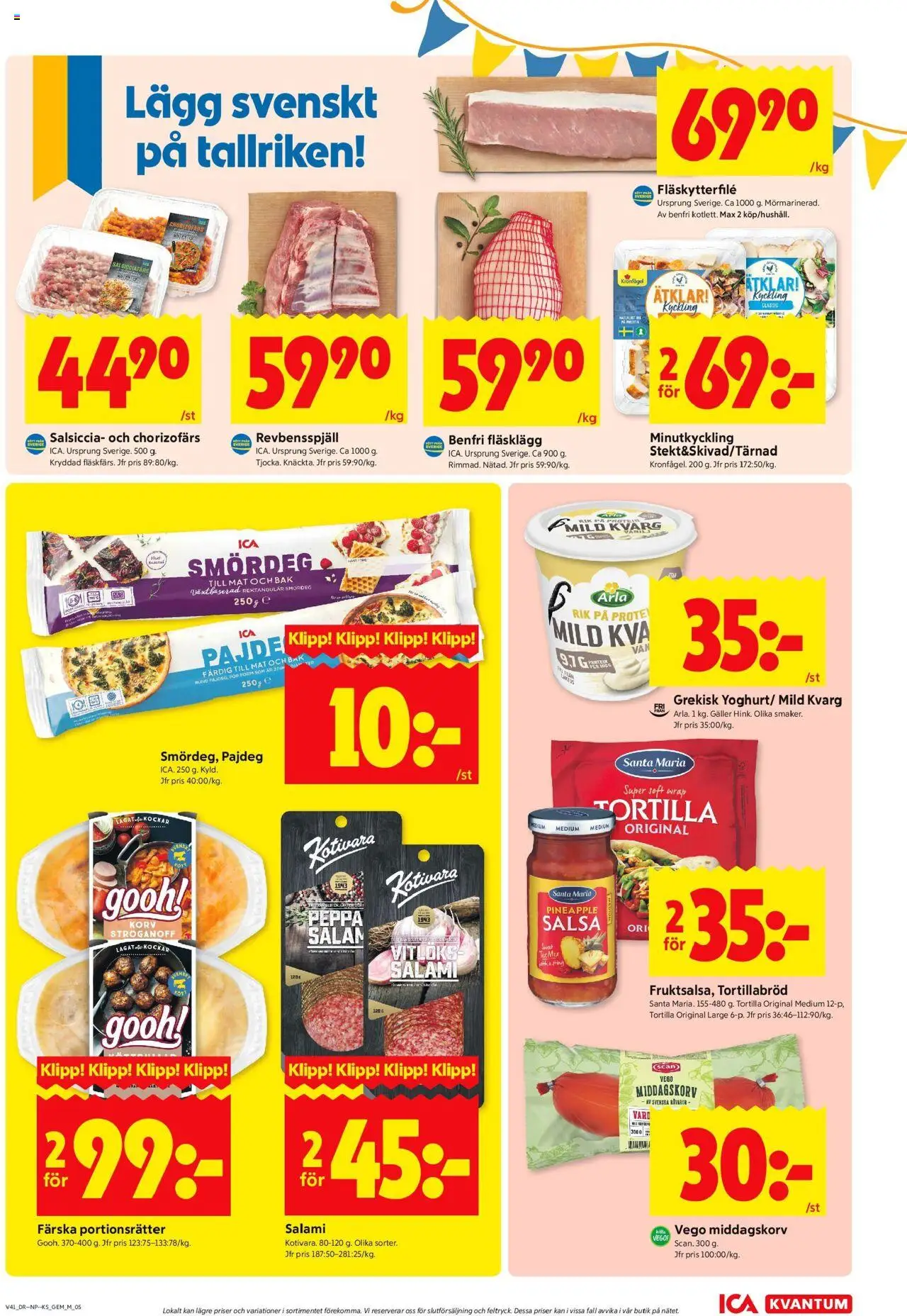 ICA Kvantum reklamblad aktuell från 06.10.2025 | Sida: 5 | Produkter: Tortilla, Revbensspjäll, Fläskytterfilé, Salami