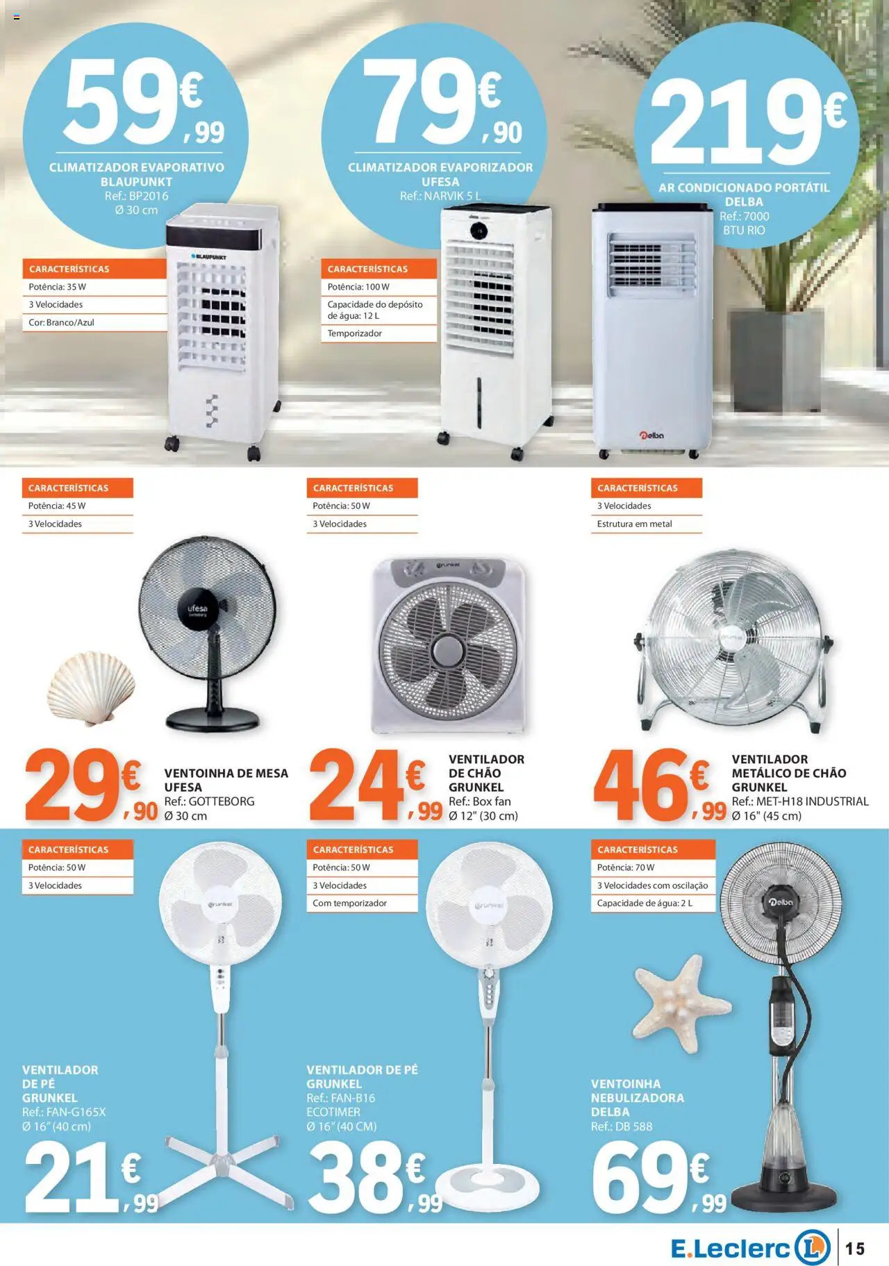 E.Leclerc - Folheto Especial Praia │ válido de 10.06.2025 | Página: 15 | Produtos: Agua, Ar condicionado, Ventilador, Mesa