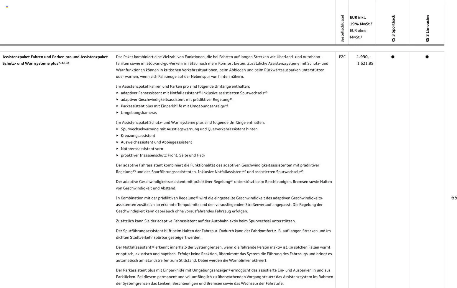 Audi RS 3 Sportback / RS 3 Limousine – gültig ab 28.10.2025 | Seite: 65