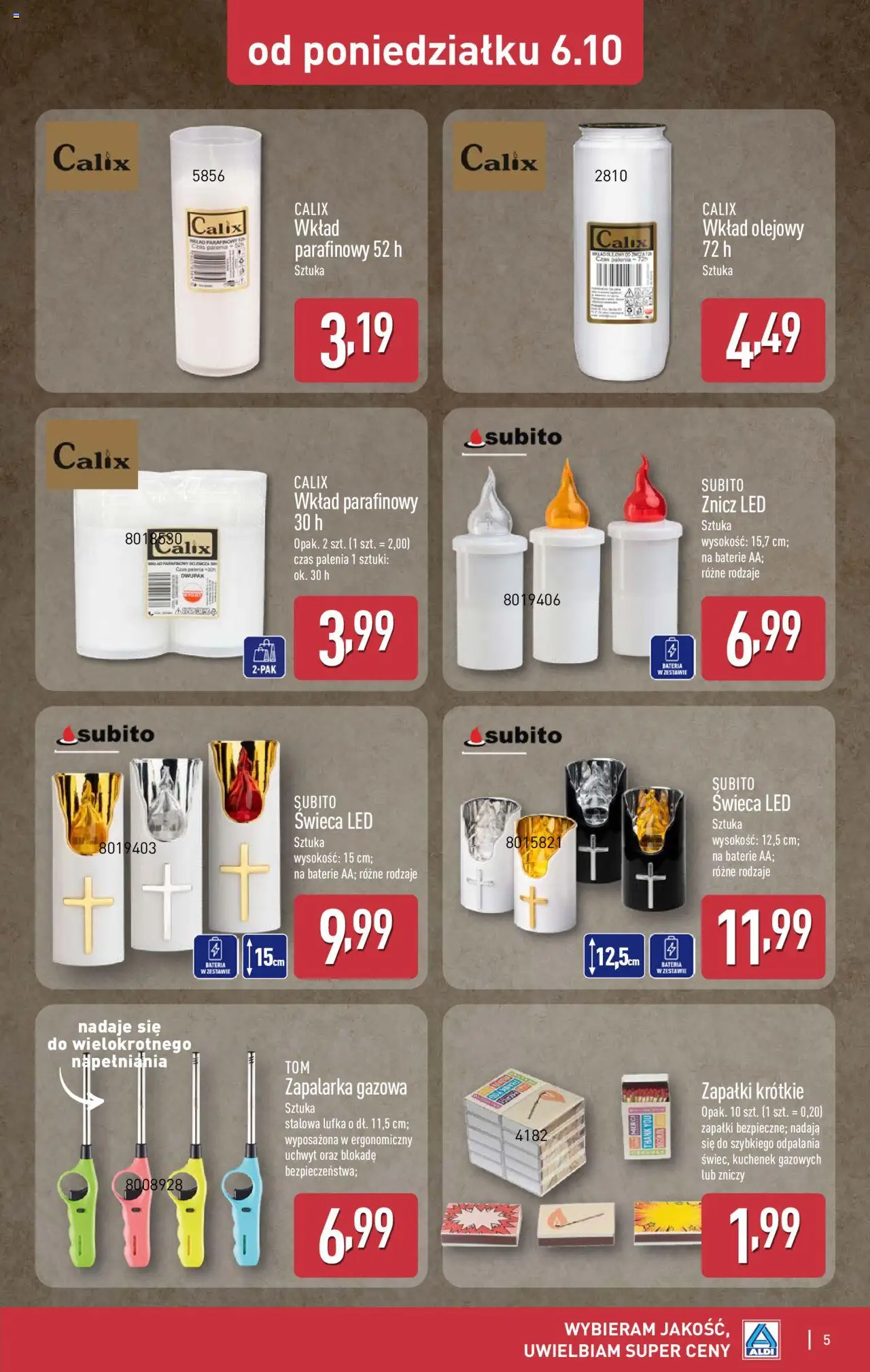 Aldi Gazetka - Światełko pamięci od 06.10.2025 | Strona: 5 | Produkty: Znicz LED, Baterie, Merci, Bateria