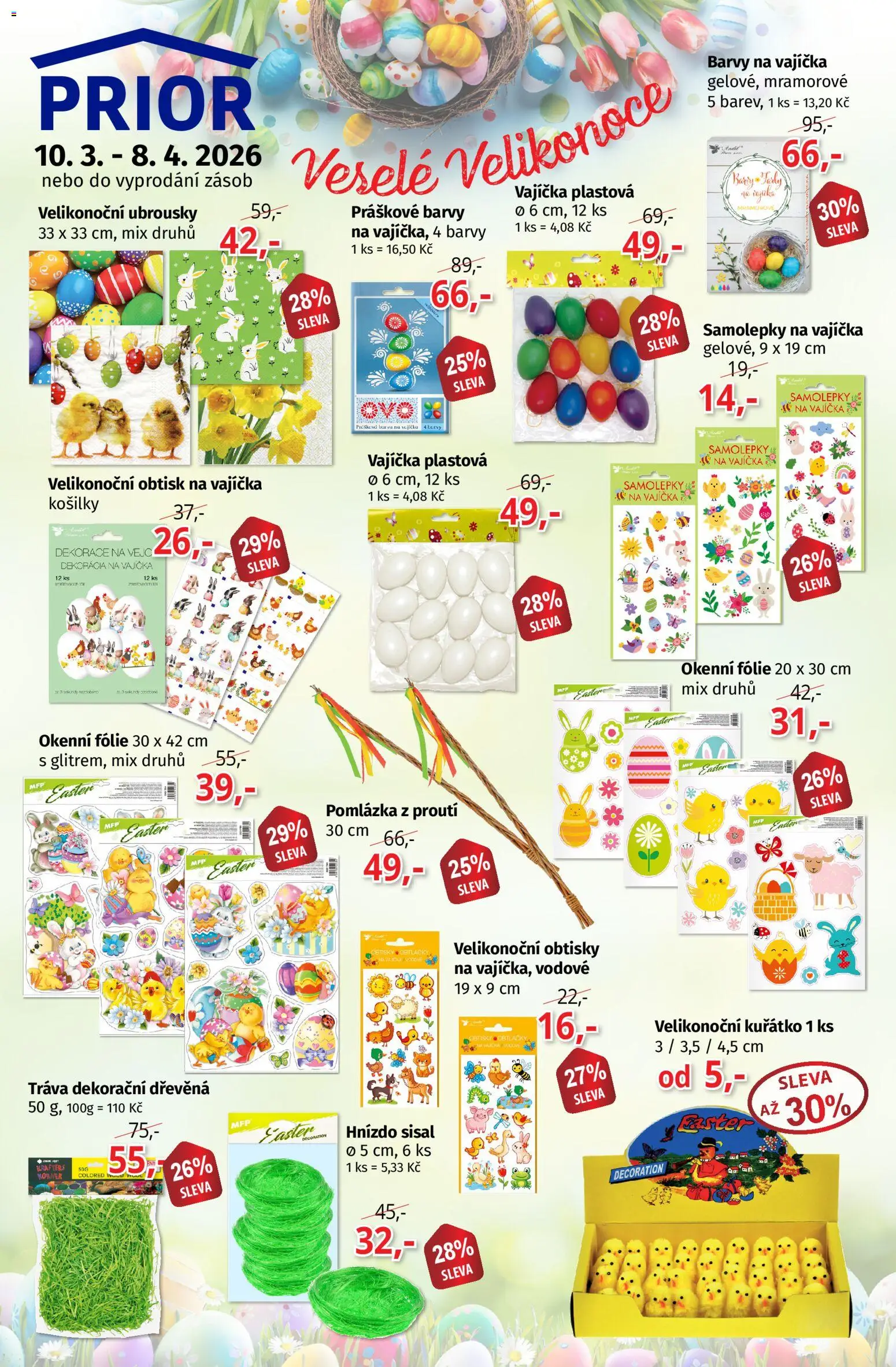 Prior - Akční Nabídka Velikonočních Dekorací od 10.03.2026 | Strana: 1 | Produkty: Vajíčka, Fólie, Ubrousky, Samolepky