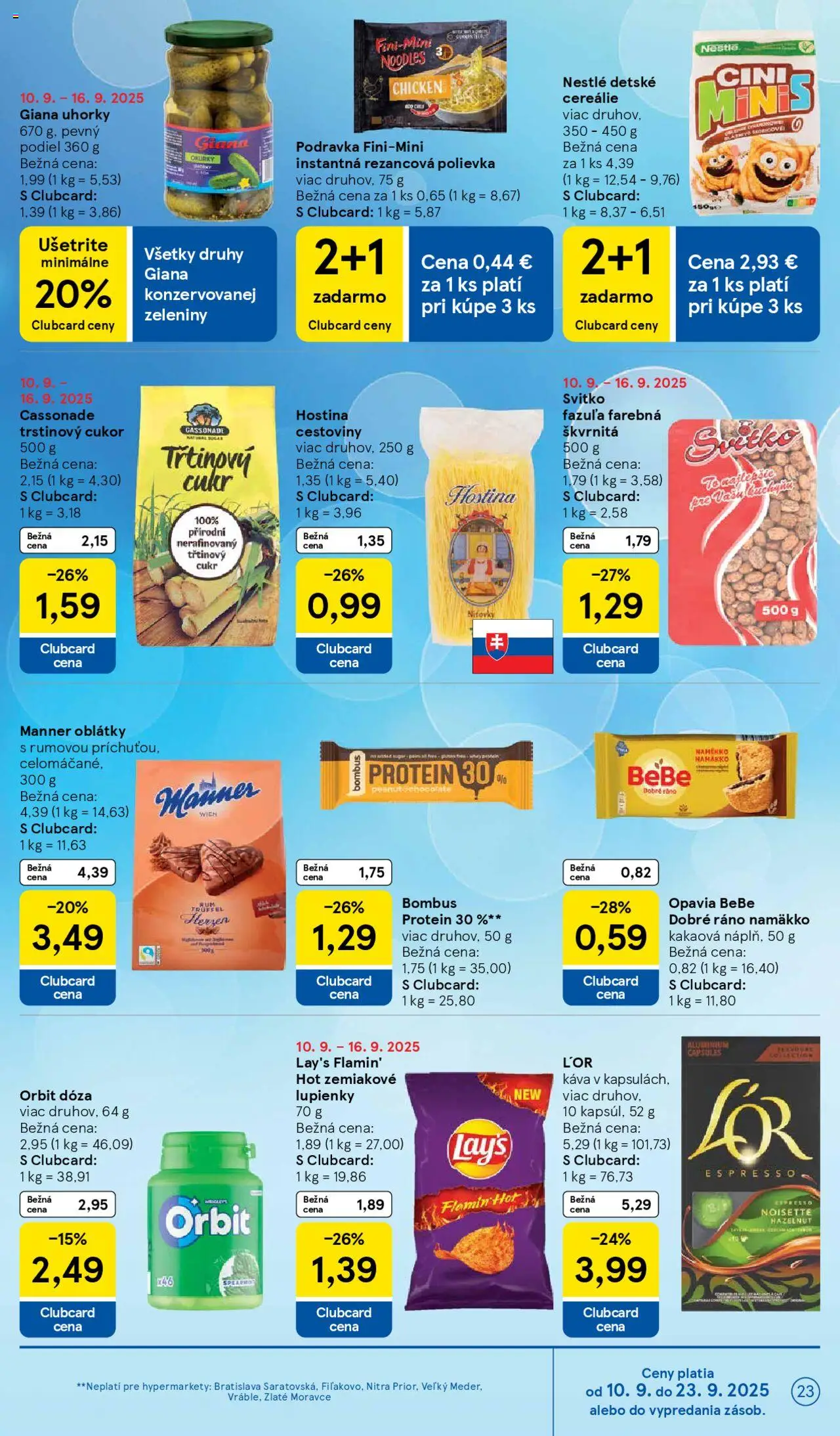 Nové Tesco akcie – leták je platný od 10.09.2025 | Strana: 23 | Produkty: Cestoviny, Fazuľa, Trstinový cukor, Uhorky