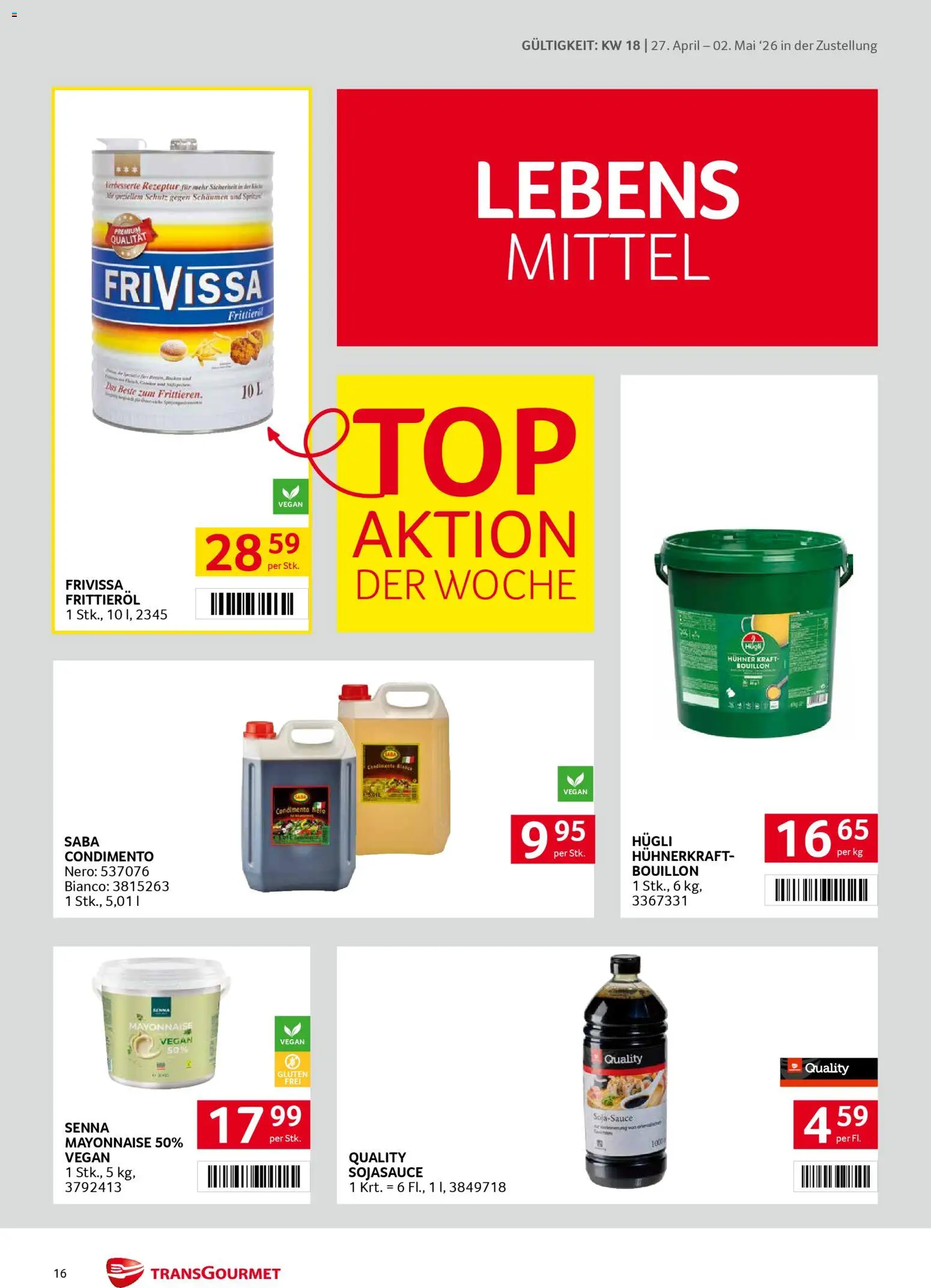 Transgourmet Zustellaktion gültig ab 27.04.2026 | Seite: 16 | Produkte: Mayonnaise, Huile à frire
