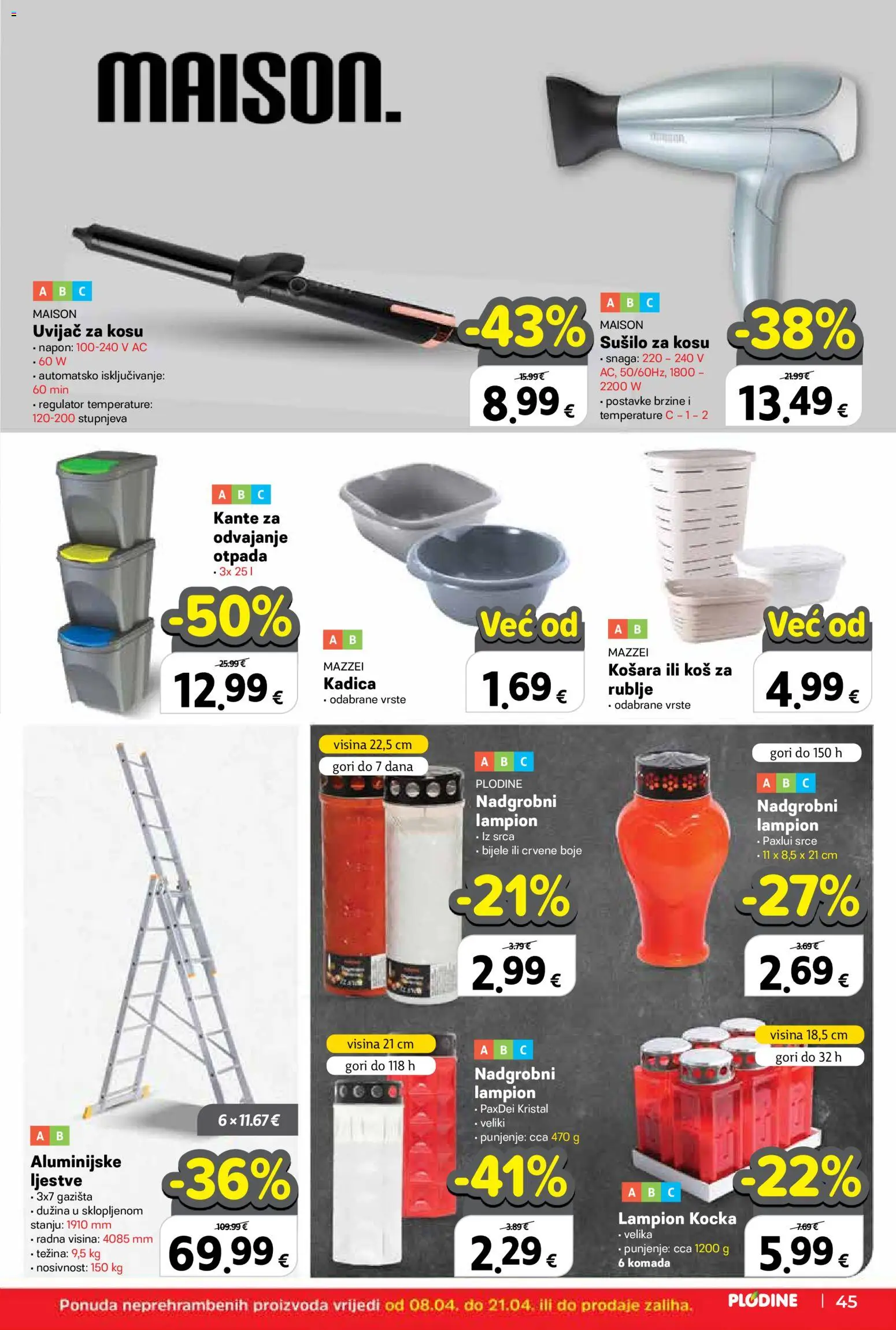 Plodine katalog | vrijedi od 08.04.2026 | Stranica: 45 | Proizvodi: Sušilo za kosu, Košara, Lampion
