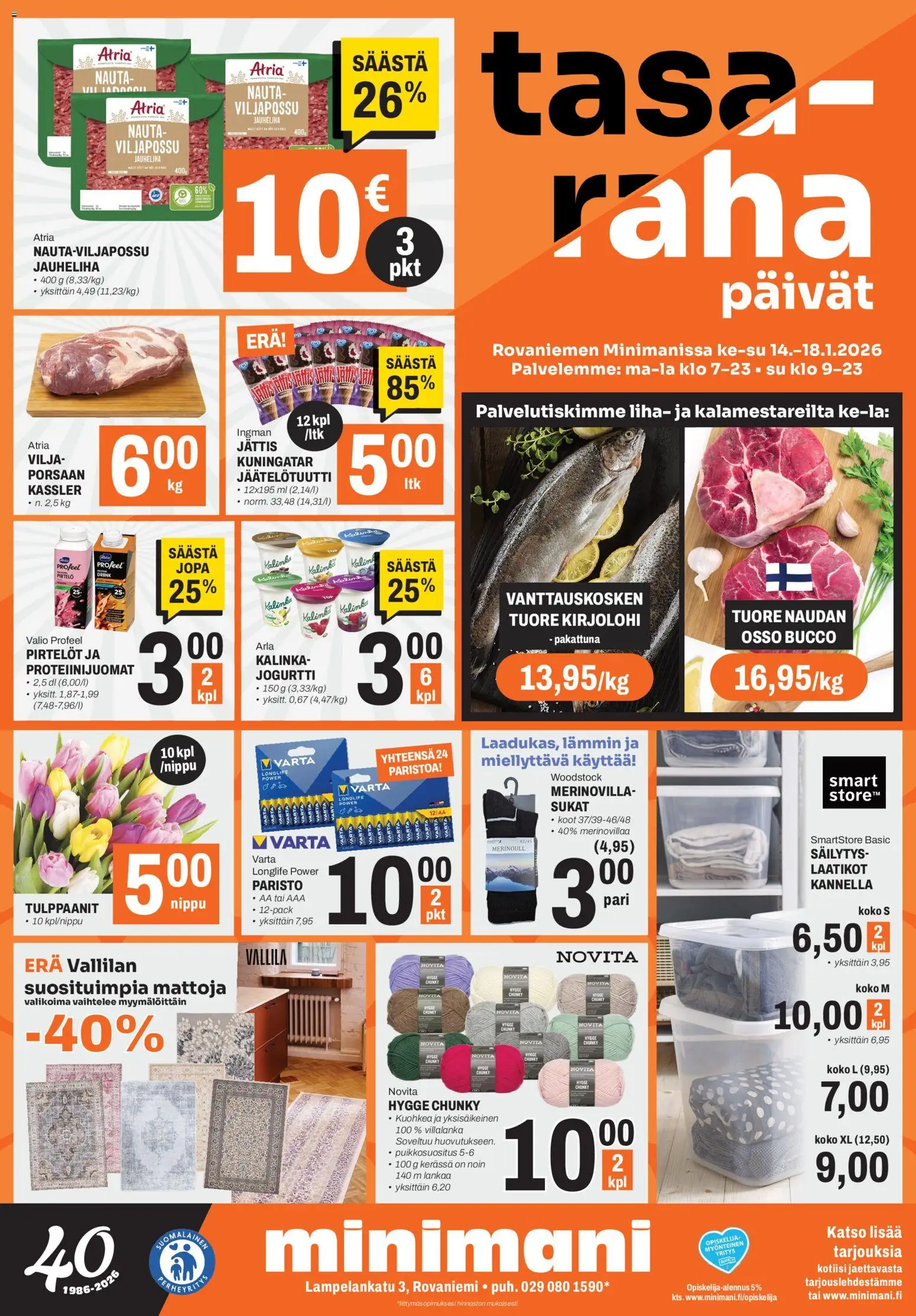 Minimani Tarjoukset - Rovaniemi – voimassa 14.01.2026 alkaen | Sivu: 1 | Tuotteet: Kirjolohi, Jauheliha, Pirtelö, Sukat