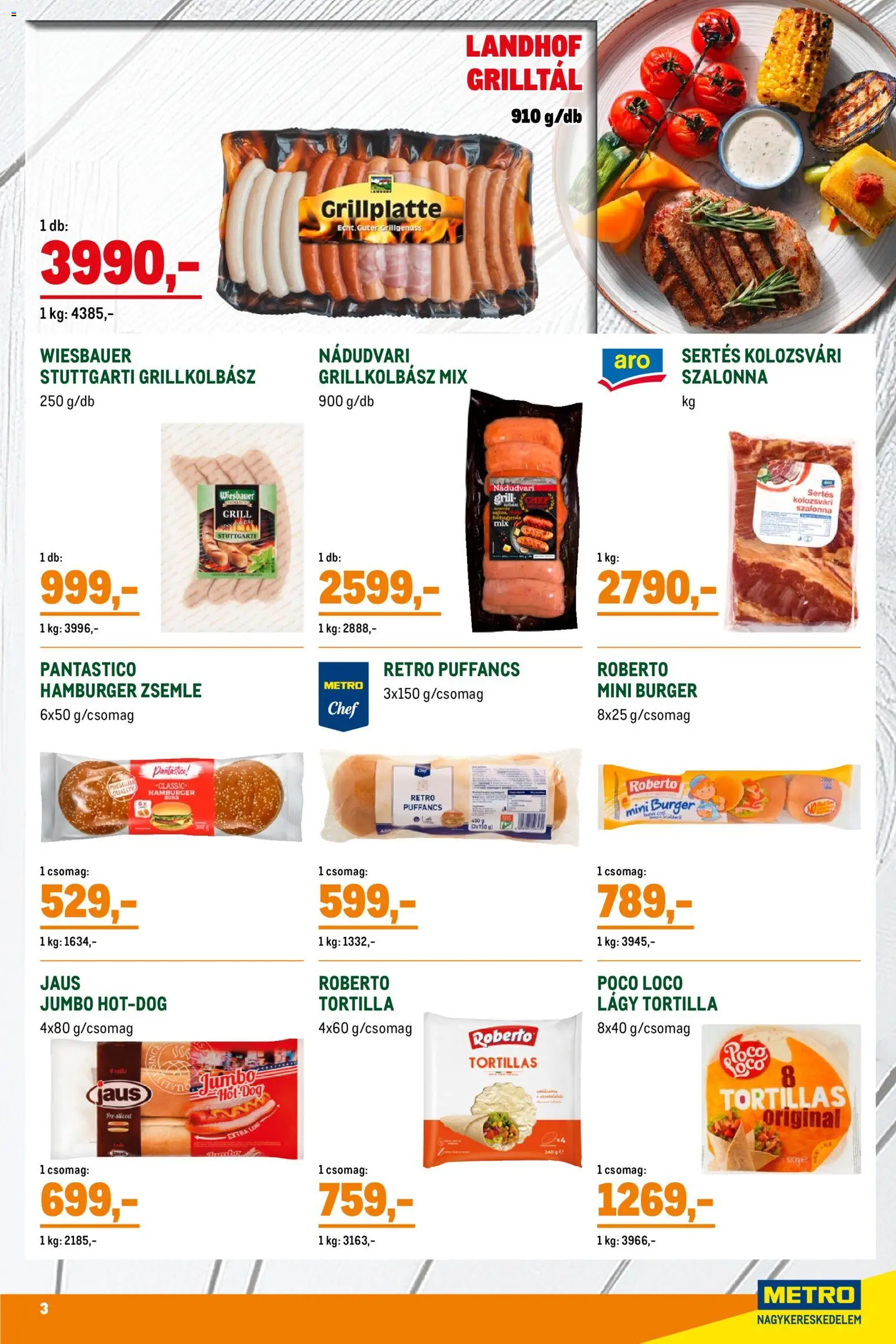 Metro akciós ujság - amely érvényes a következő dátumtól: 02.05.2026 | Oldal: 3 | Termékek: Hamburger zsemle, Tortilla, Zsemle, Grill