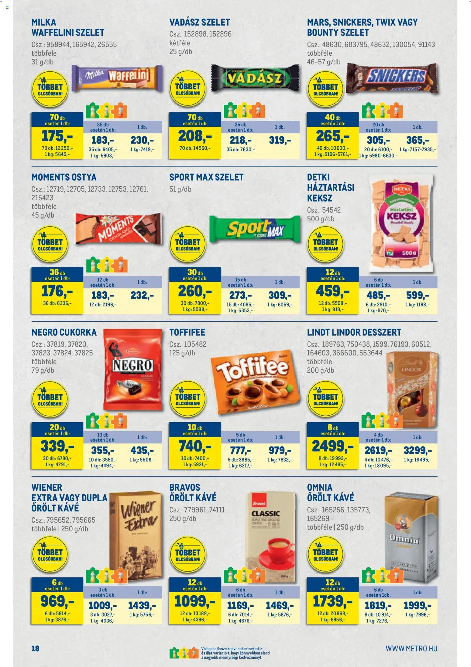 Metro akciós ujság - amely érvényes a következő dátumtól: 07.04.2026 | Oldal: 18 | Termékek: Waffelini, Snickers, Őrölt kávé, Keksz