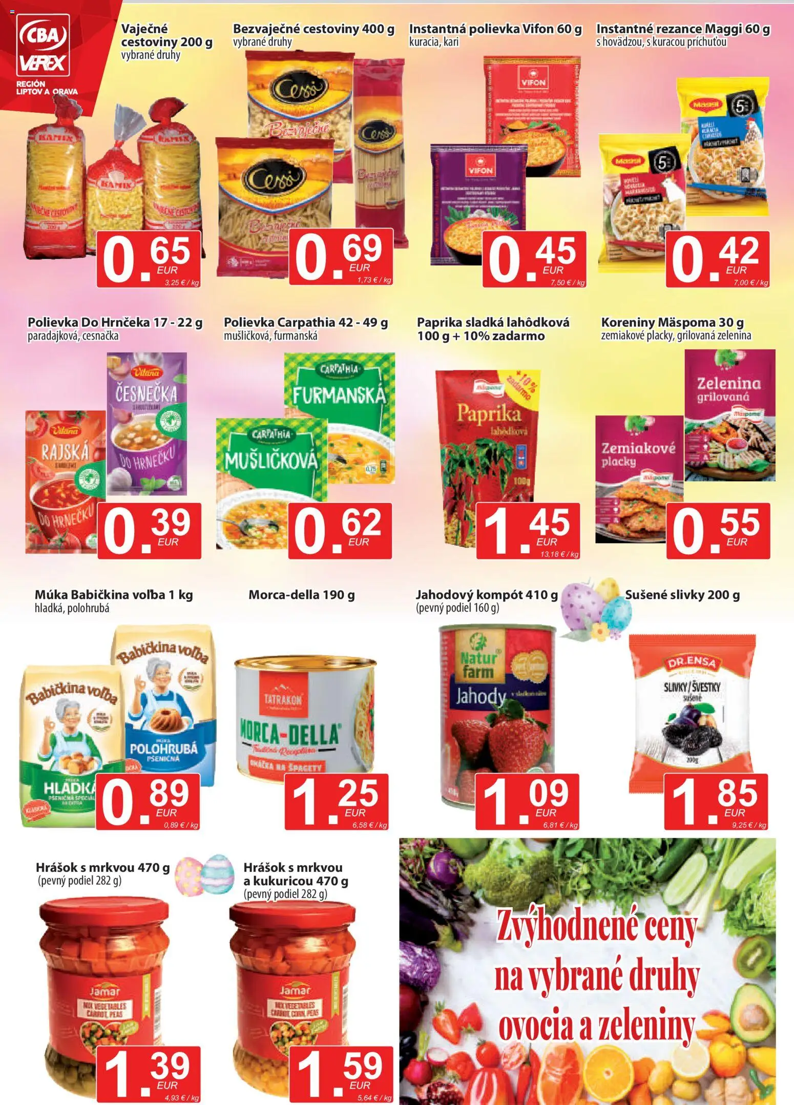 Nové CBA Verex akcie – leták je platný od 19.03.2026 | Strana: 6 | Produkty: Cestoviny, Múka, Omáčka, Sušené slivky