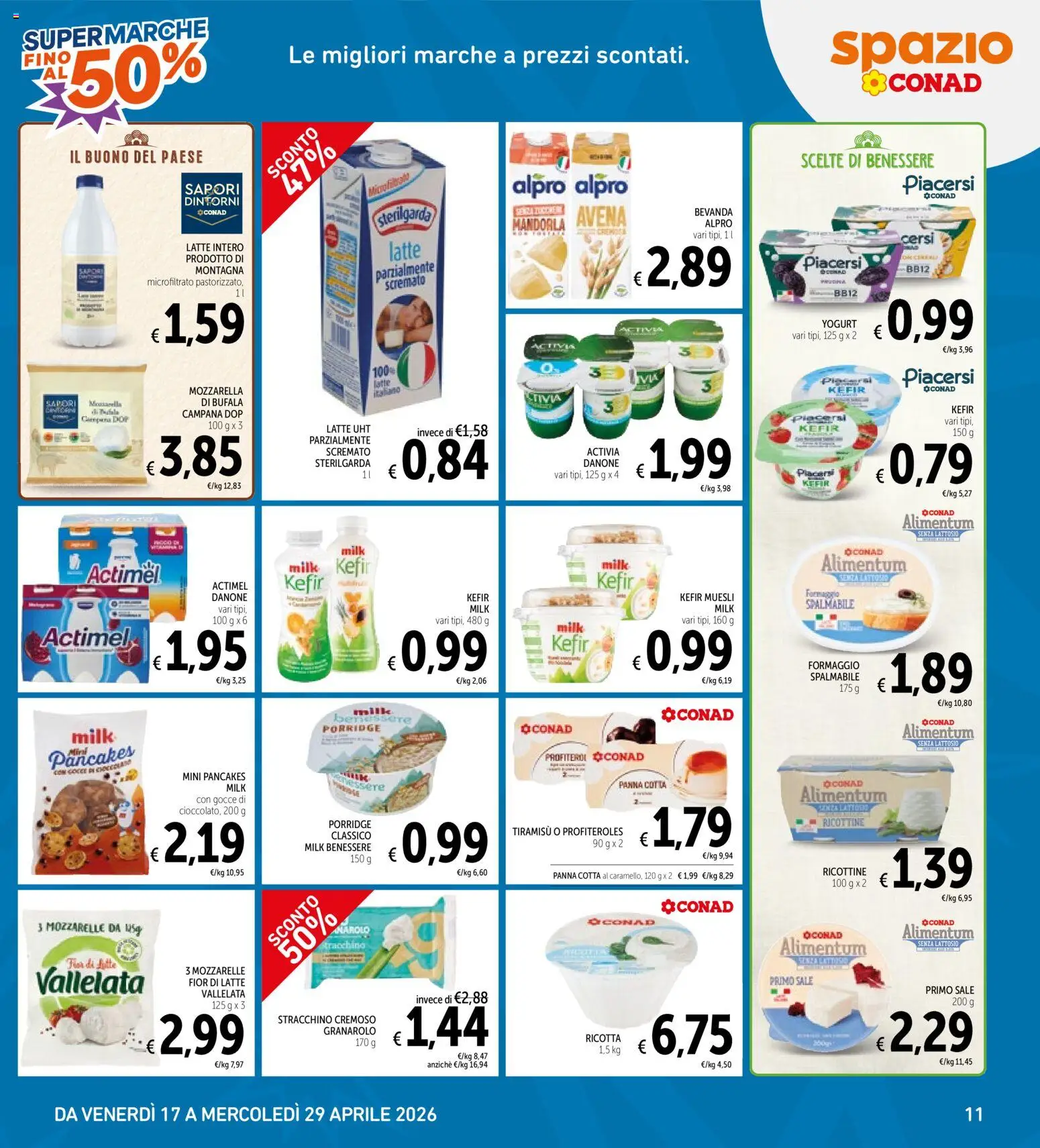 Volantino Spazio Conad del 17.04.2026 | Pagina: 11 | Prodotti: Yogurt, Sale, Mozzarella, Latte