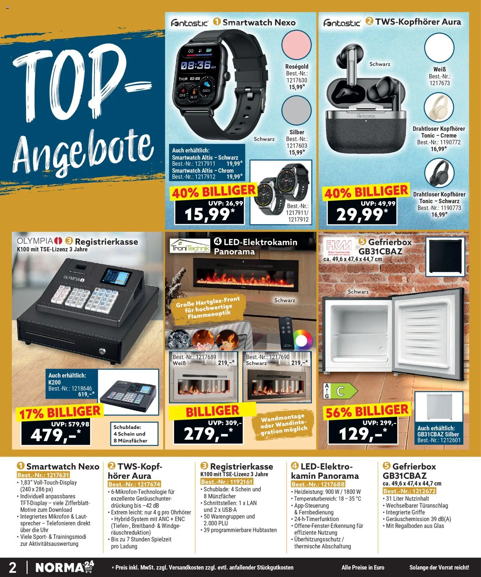 Norma Bestellmagazin Februar 2026 – gültig ab 01.02.2026 | Seite: 2 | Produkte: Mikrofon, Kamin, Uhr, Kopfhörer