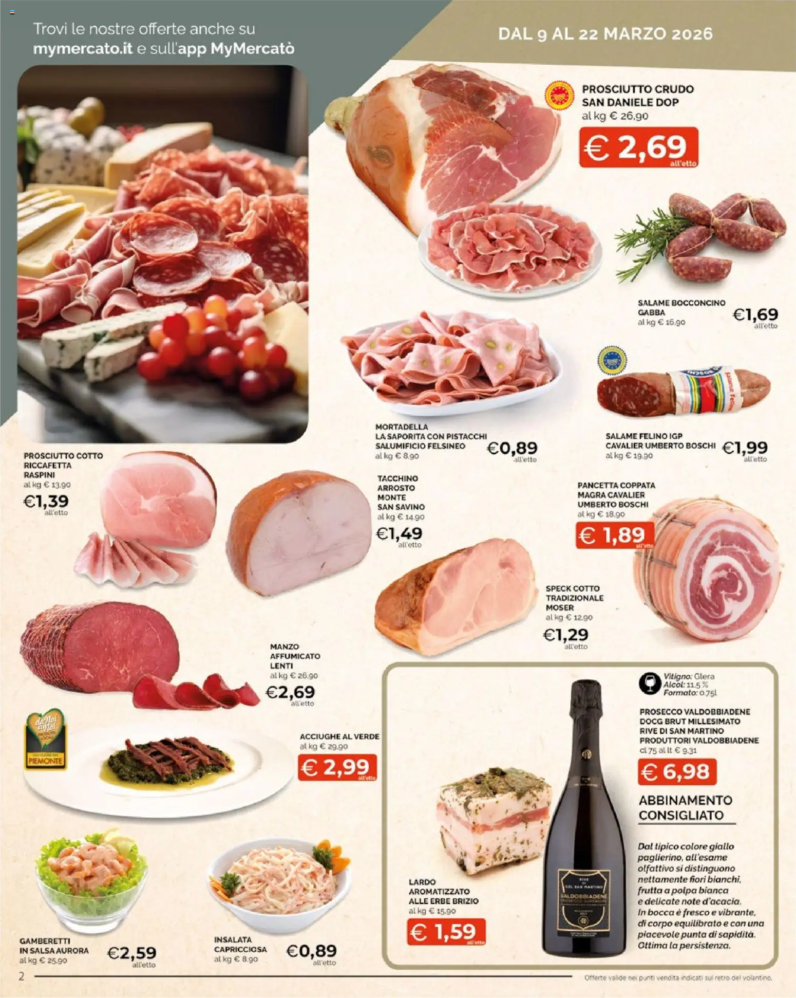 Volantino Mercatò del 09.03.2026 | Pagina: 2 | Prodotti: Arrosto, Prosciutto Cotto, Prosecco, Salsa