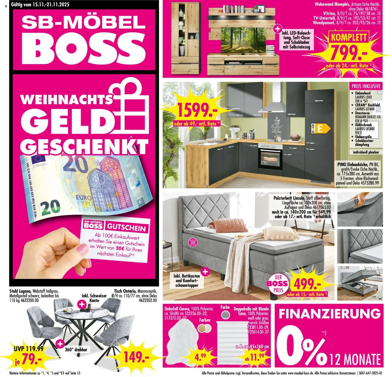 SB Möbel Boss Prospekt Neubrandenburg – gültig ab 15.11.2025 | Seite: 1 | Produkte: Polsterbett, Tisch, Stuhl, Kühlschrank