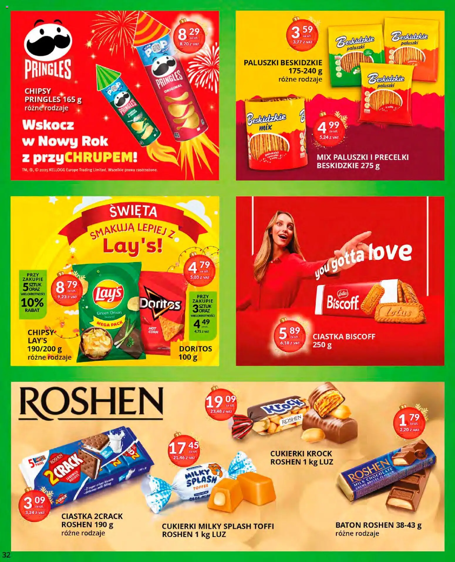 Eurocash Gazetka od 15.12.2025 | Strona: 32 | Produkty: Chipsy, Chipsy pringles, Doritos, Paluszki