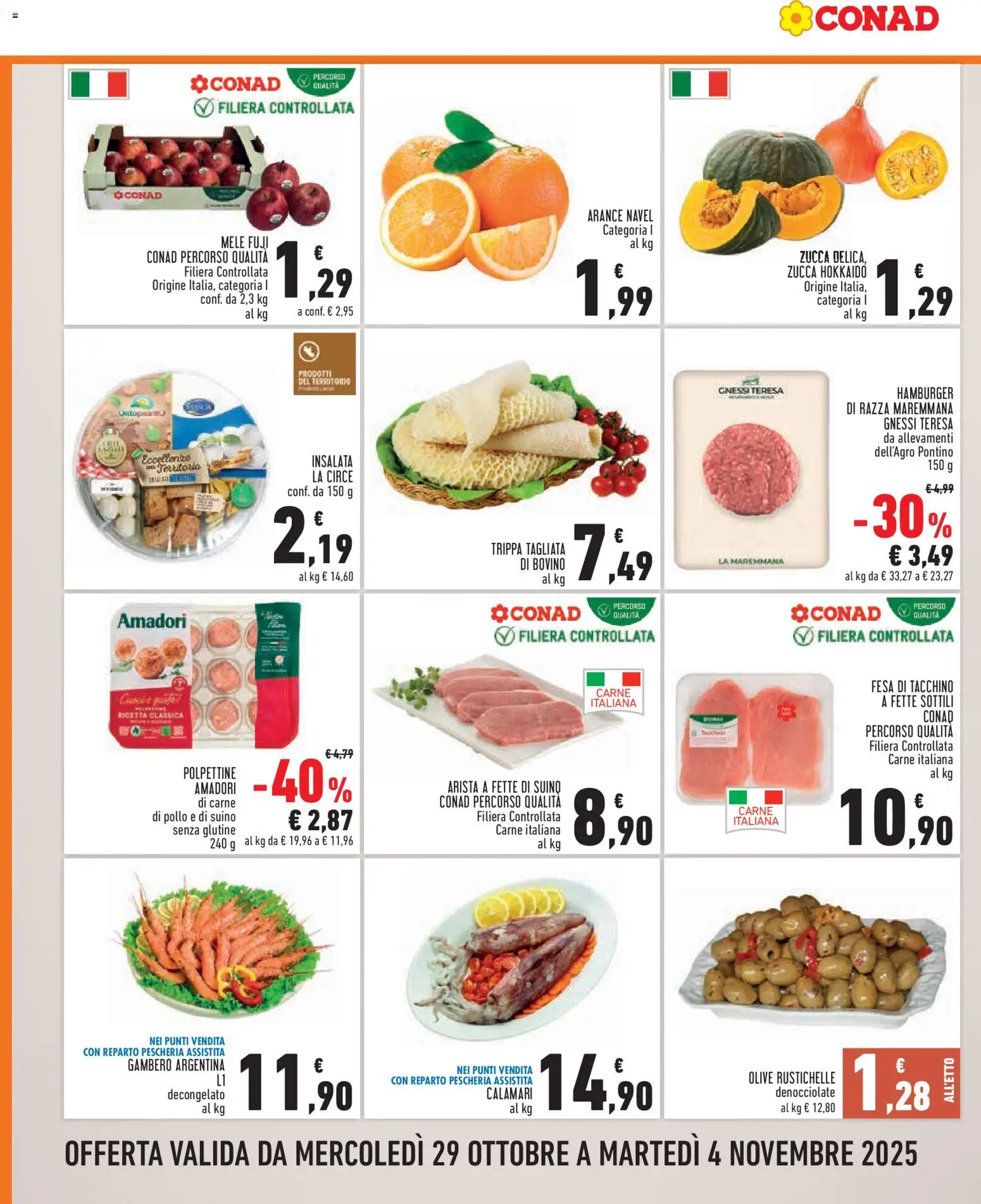 Volantino Conad del 29.10.2025 | Pagina: 2 | Prodotti: Arance, Calamari, Suino, Zucca