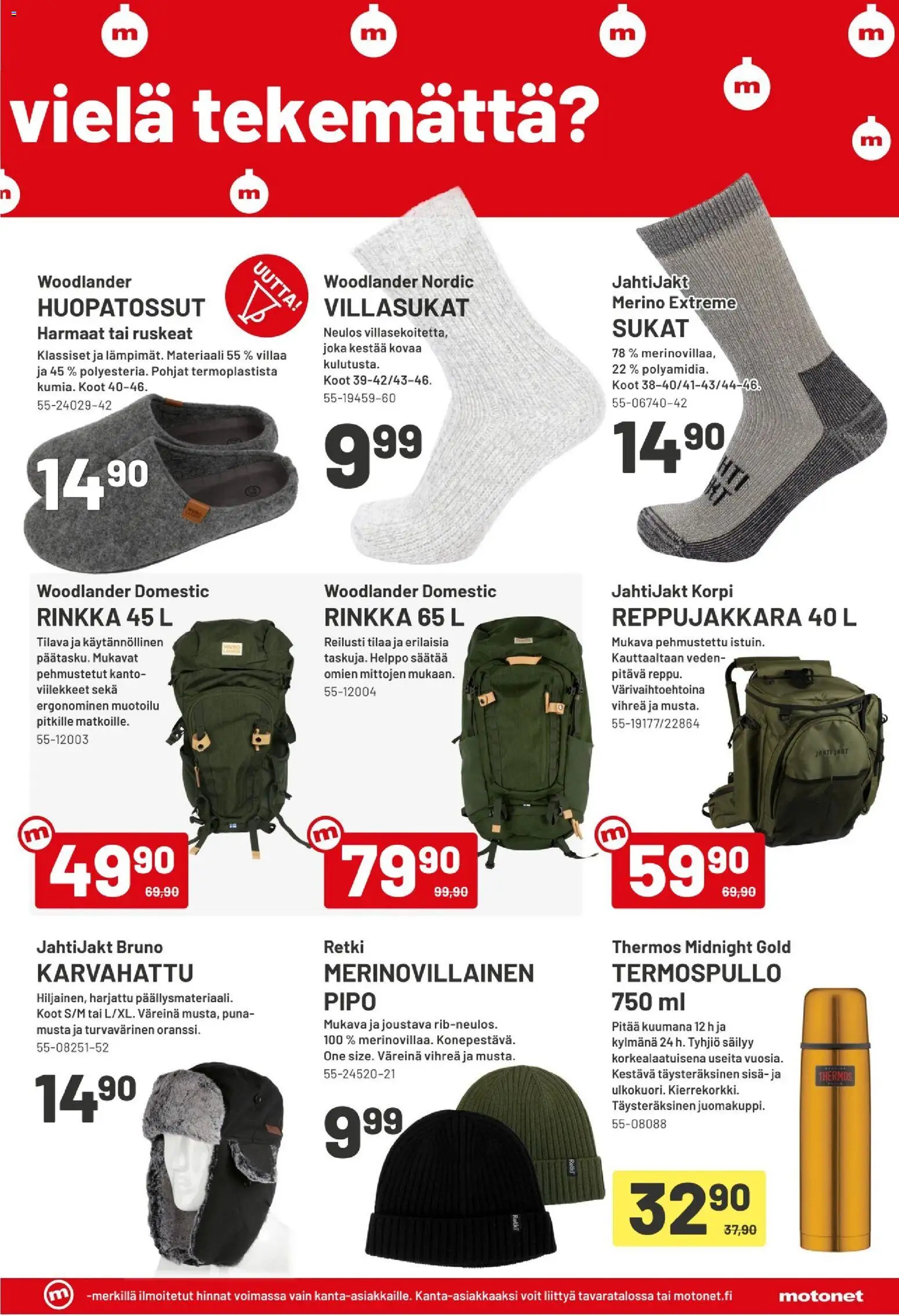 Motonet tarjoukset – voimassa 03.12.2025 alkaen | Sivu: 3 | Tuotteet: Rinkka, Sukat, Pipo, Termospullo