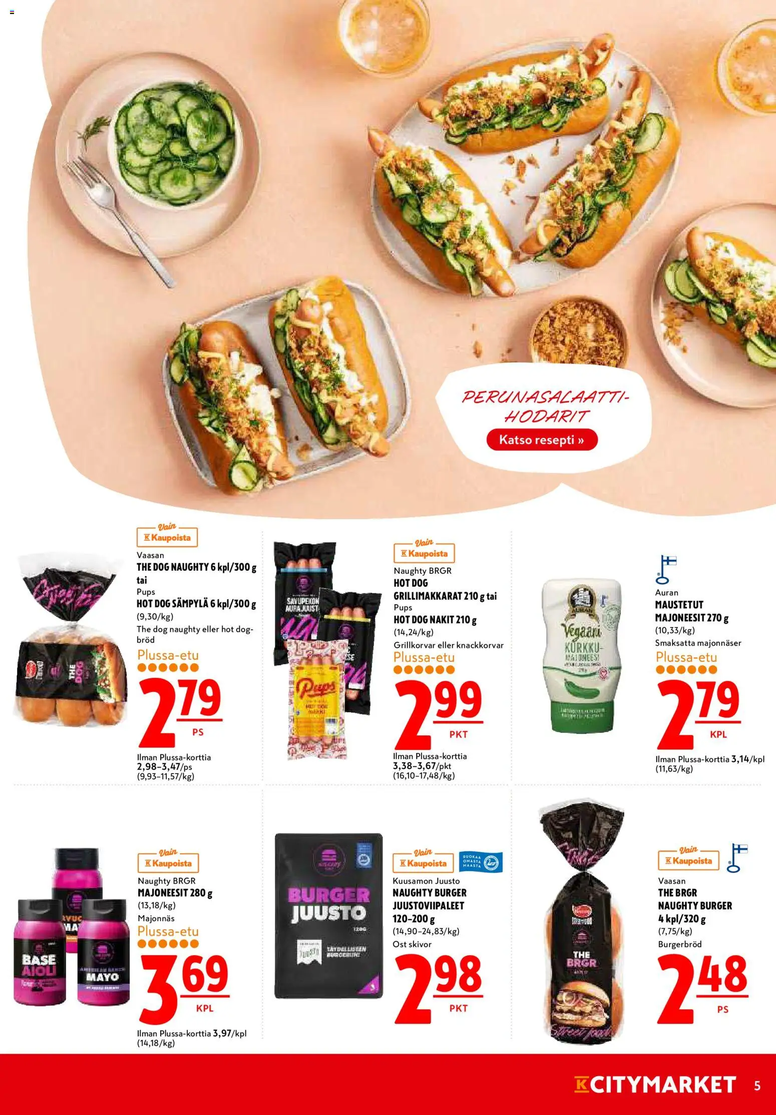 K-Citymarket tarjoukset – voimassa 09.04.2026 alkaen | Sivu: 5 | Tuotteet: Aioli, Perunasalaatti, Kurkku, Hot dog