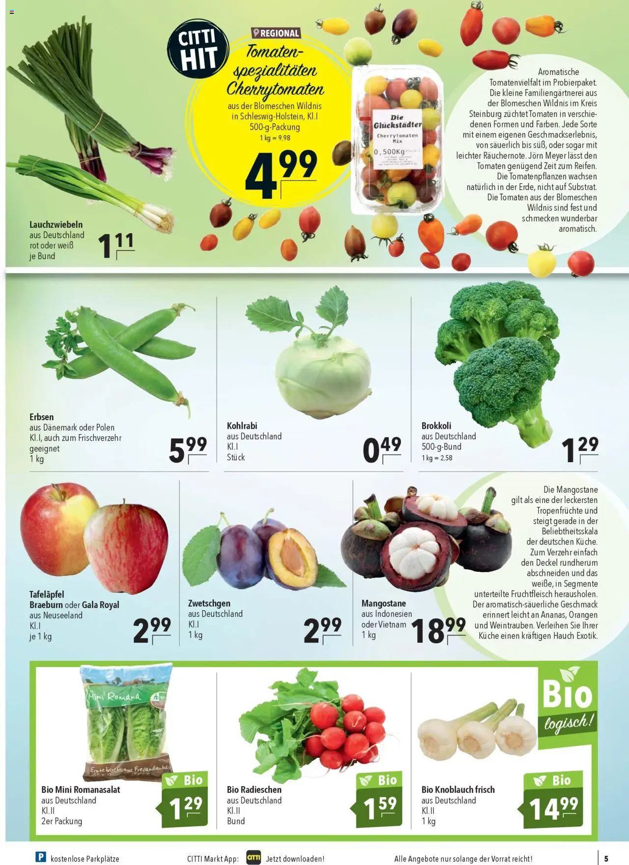 CITTI Markt Prospekt 	 - gültig ab dem 23.07.2025 | Seite: 5 | Produkte: Kohlrabi, Tomaten, Knoblauch, Erbsen