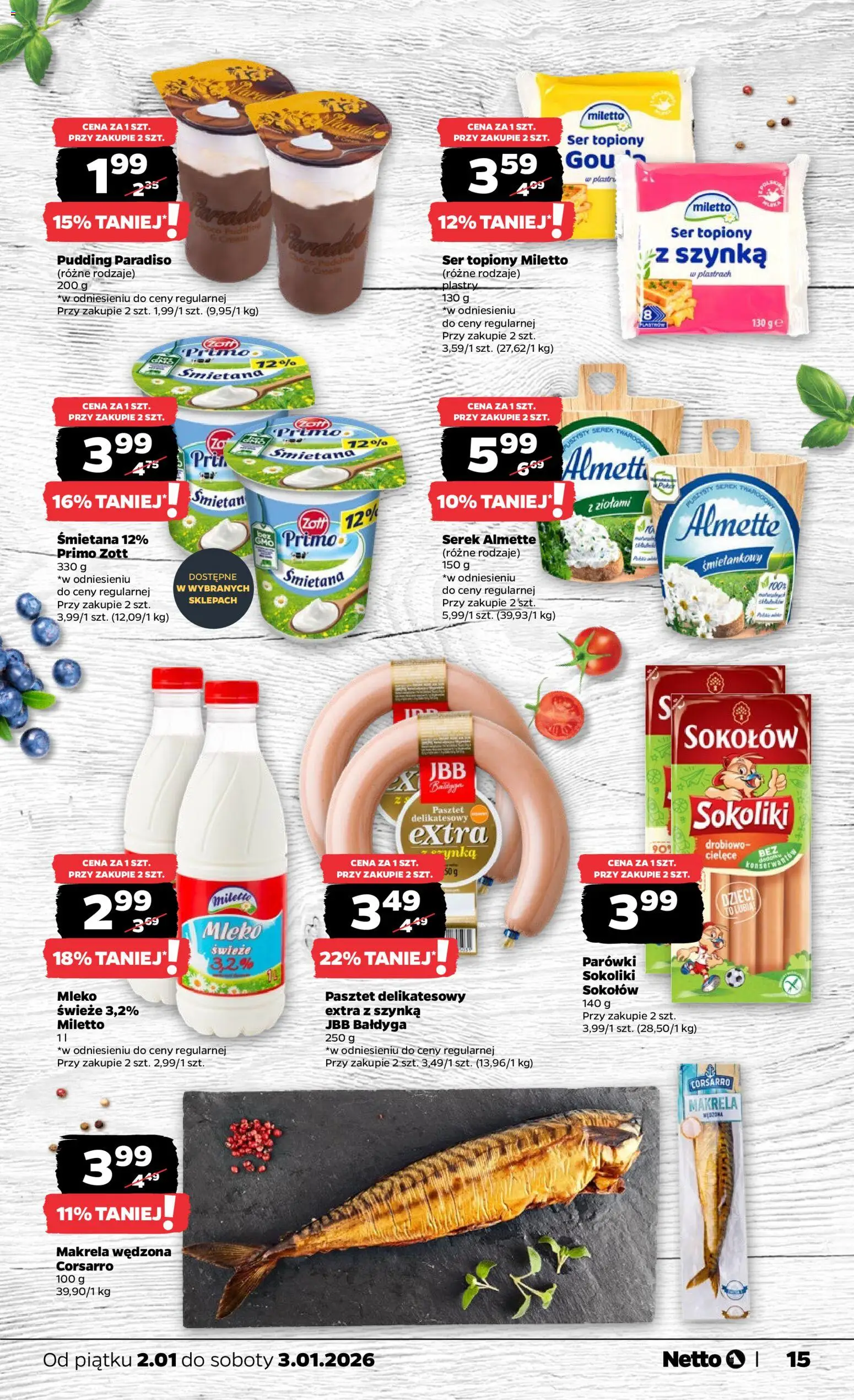 Netto gazetka - Spożywcza od 02.01.2026 | Strona: 15 | Produkty: Ser topiony, Serek, Parówki, Makrela