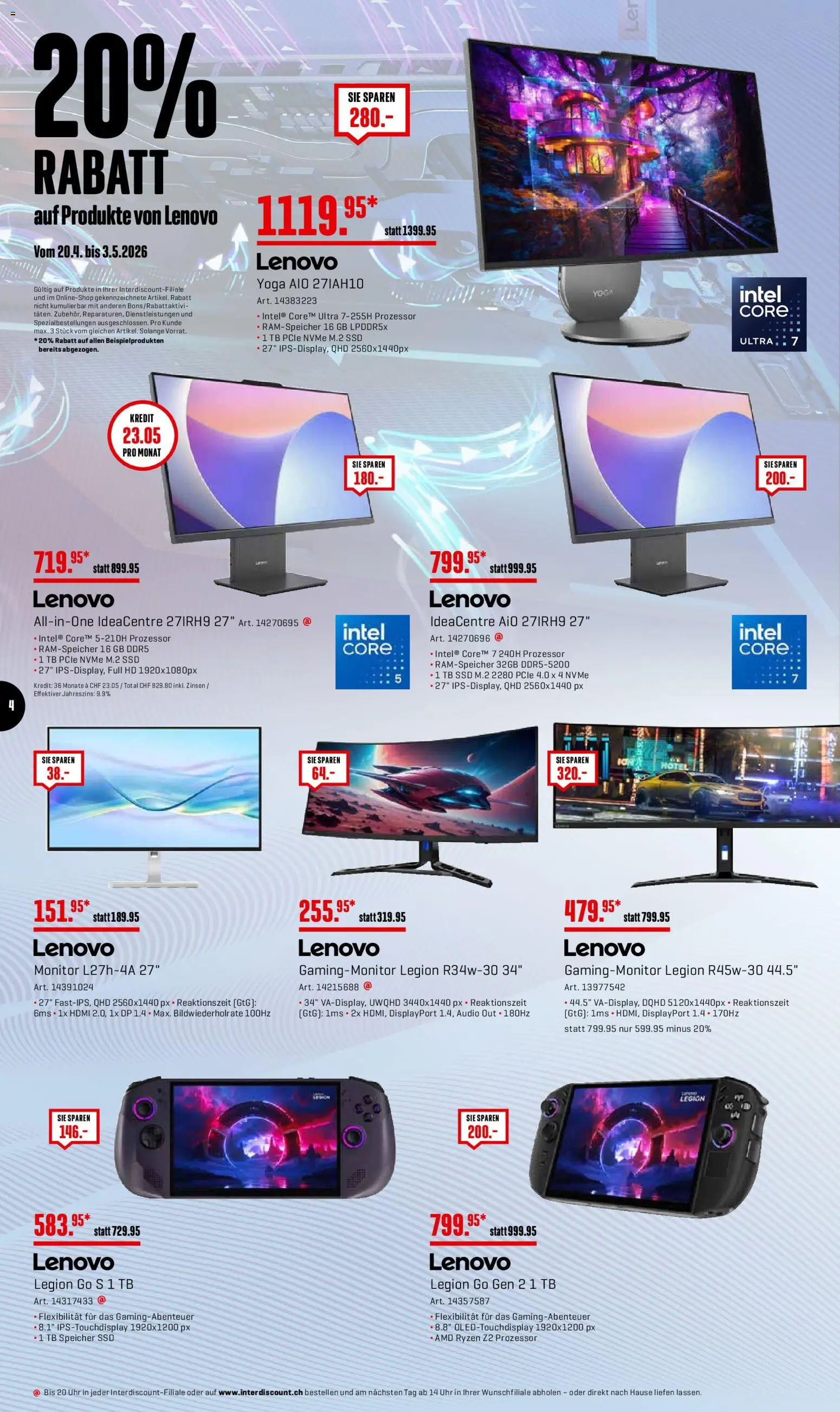 Interdiscount aktionen 20% Rabatt – gültig ab 27.04.2026 | Seite: 4 | Produkte: Audio, Monitor, Uhr, Lenovo