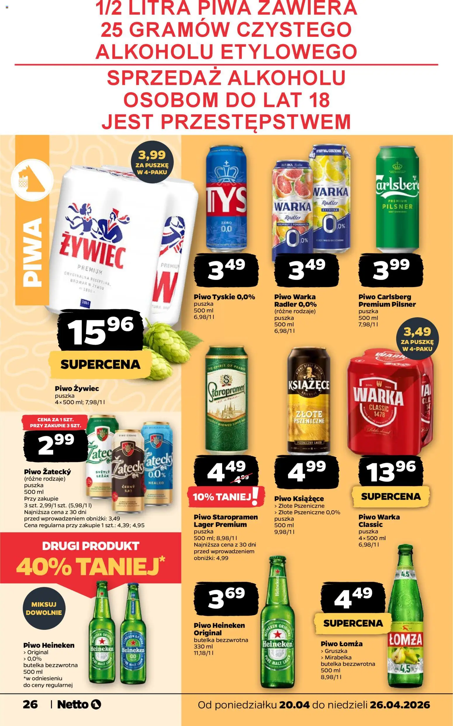 Netto gazetka od poniedziałku spożywcza od 20.04.2026 | Strona: 26 | Produkty: Piwo Staropramen, Tyskie, Piwo Carlsberg, Piwo