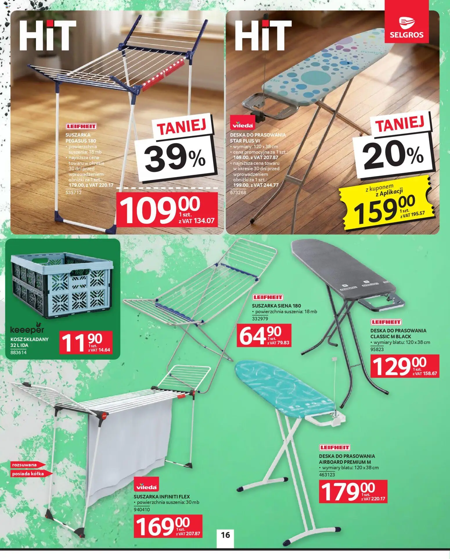 Selgros cash&carry - Oferta Przemysłowa od 09.04.2026 | Strona: 18 | Produkty: Suszarka, Kosz, Deska do prasowania, Vileda