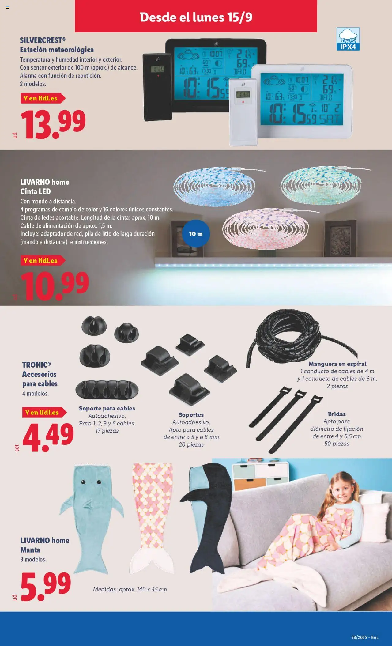 Lidl folleto de bazar │ válido desde el 15.09.2025 | Página: 13 | Productos: Cable, Manta, Estación meteorológica, Adaptador