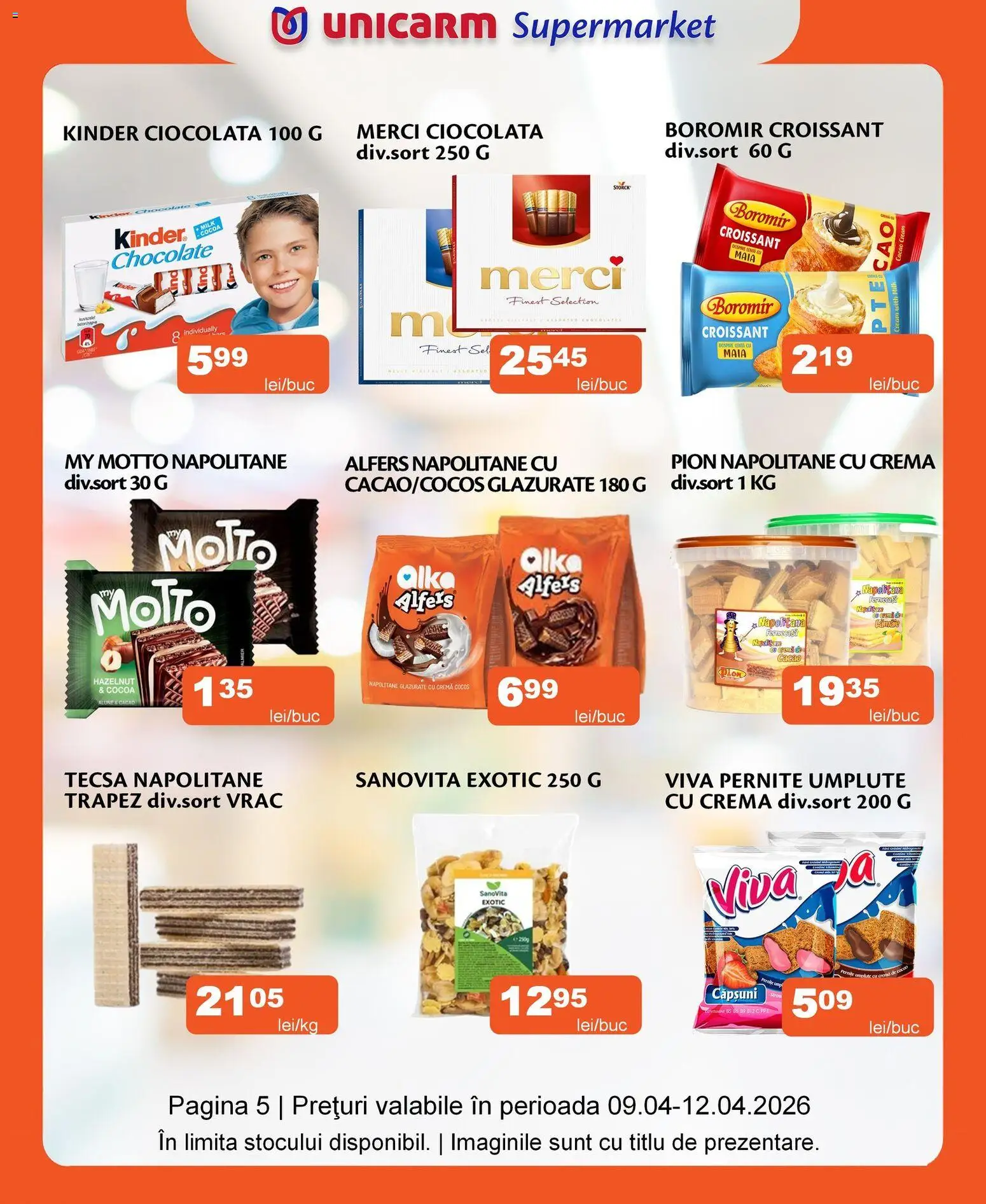 Noul catalog Unicarm – valabil de la 09.04.2026 | Pagină: 5 | Produse: Napolitane, Alune, Căpșuni, Cacao