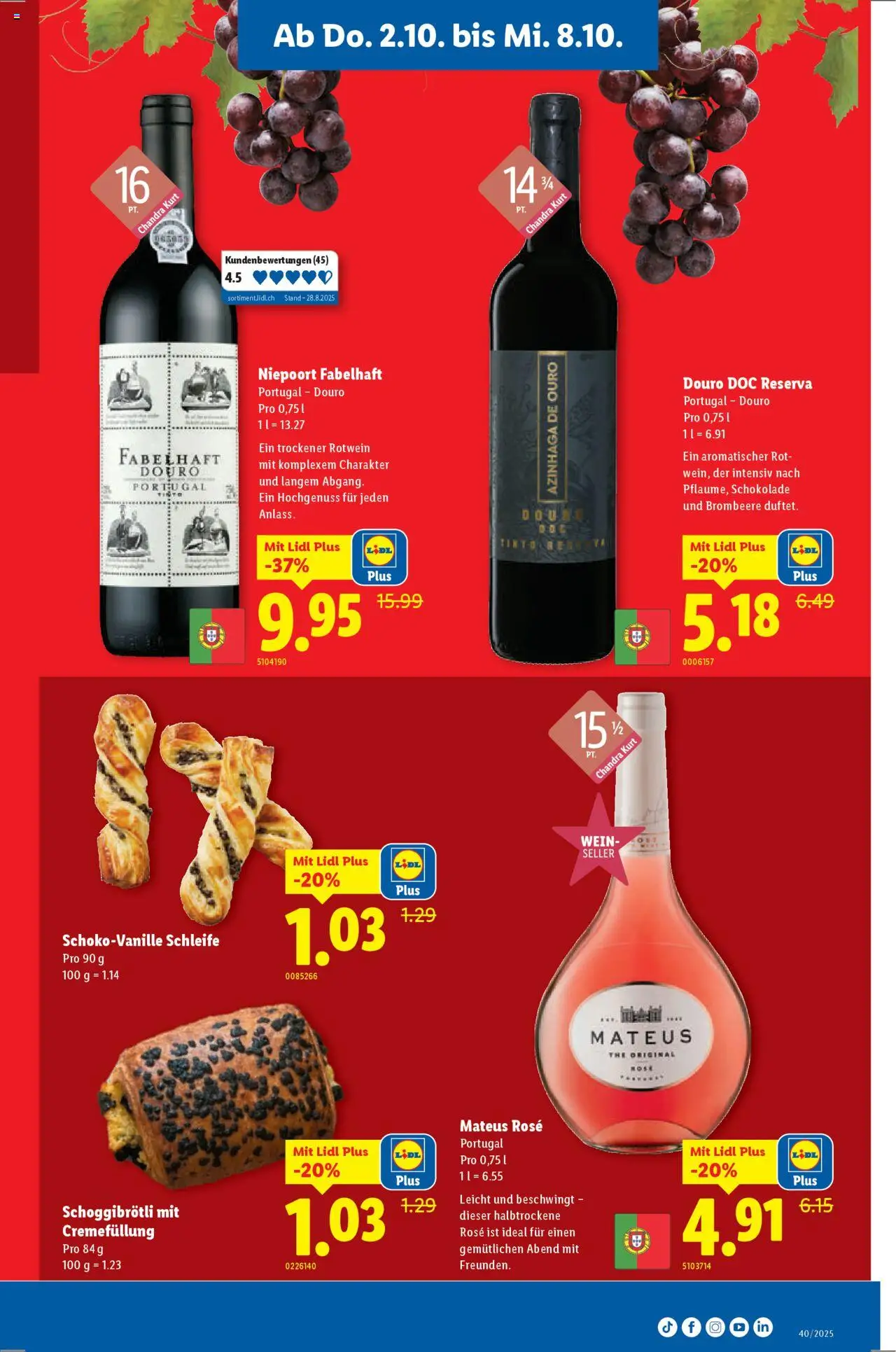 Lidl Aktionen Eure Lieblinge – gültig ab 02.10.2025 | Seite: 4 | Produkte: Rotwein, Schokolade, Wein