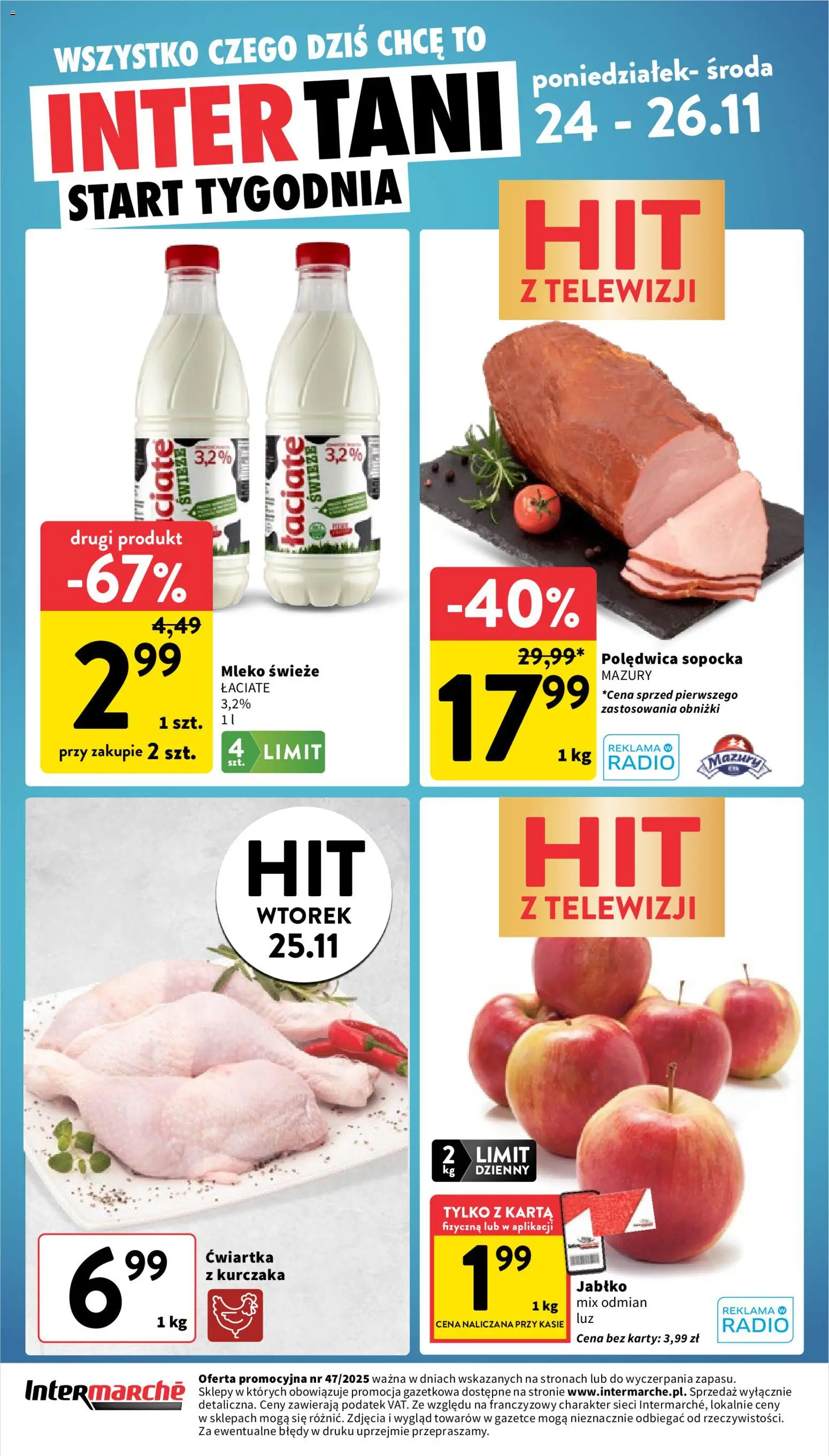 Intermarche Gazetka od 20.11.2025 | Strona: 40 | Produkty: Karta, Radio, Mleko, Ćwiartka z kurczaka