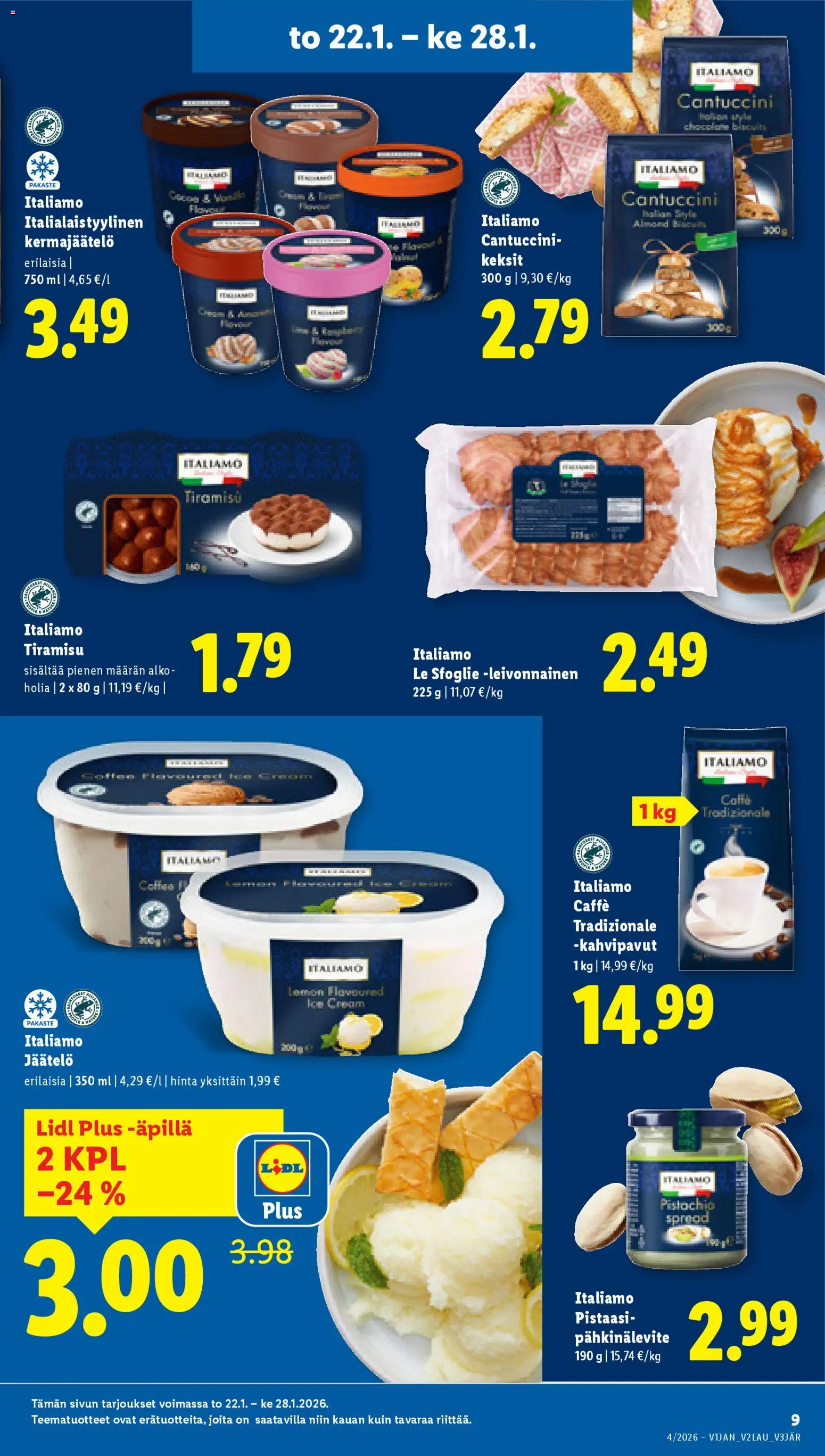 Lidl tarjoukset – voimassa 22.01.2026 alkaen | Sivu: 9 | Tuotteet: Kahvipavut, Keksit, Jäätelö