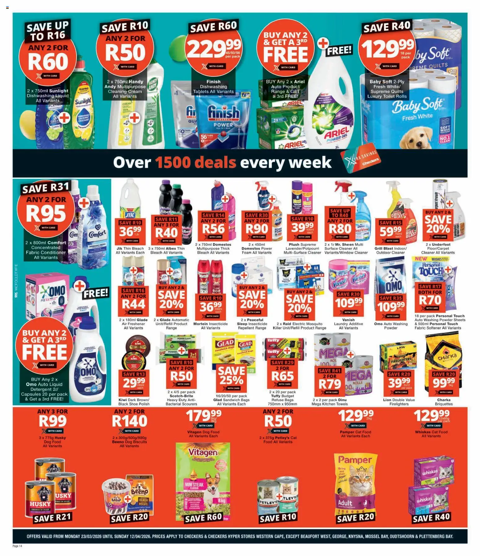 New Checkers catalogue – valid from 23.03.2026 | Page: 14 | Products: Grill, Bleach, Detergent, Dishwashing liquid