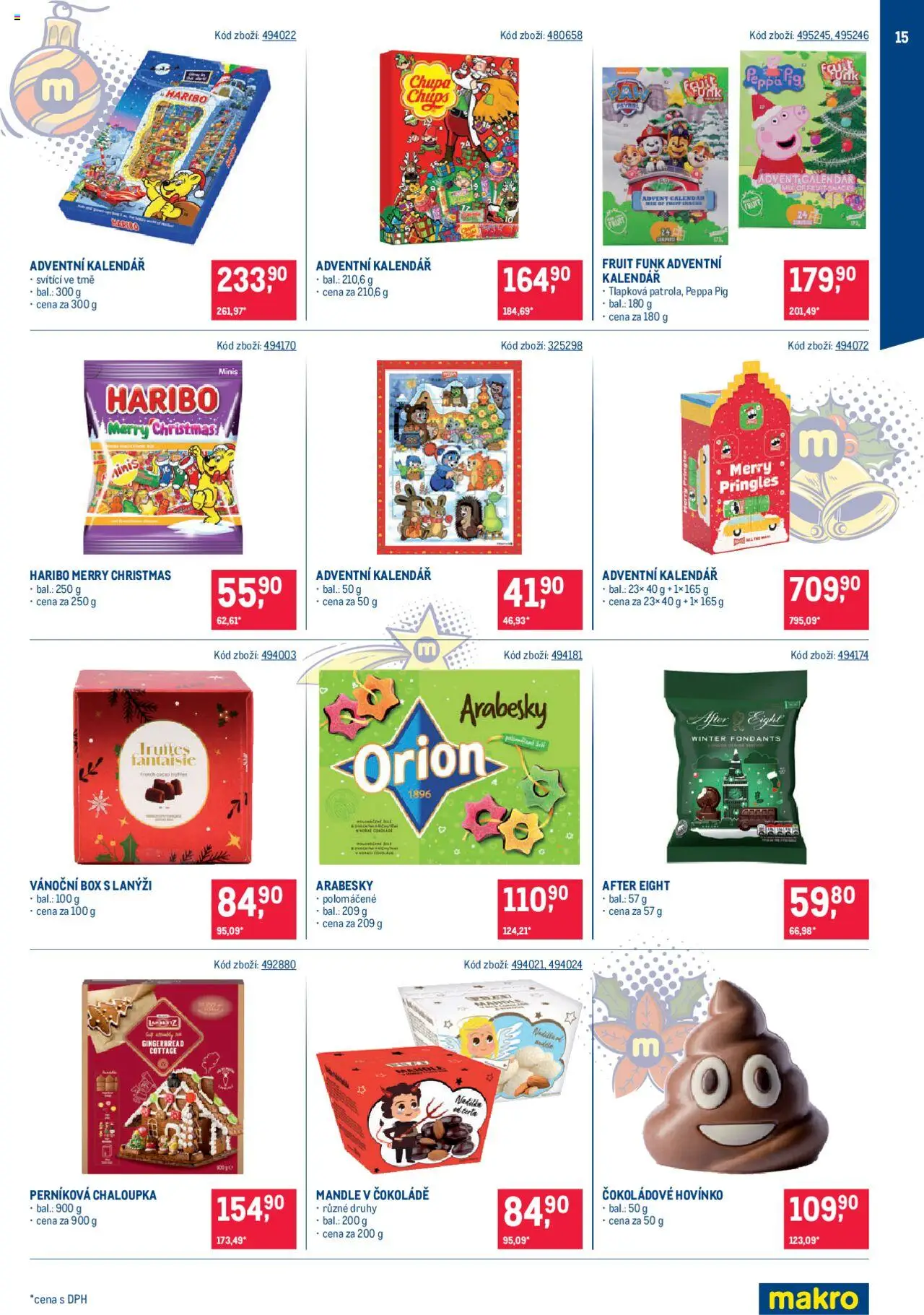 Makro leták - Mikulášské čokolády od 08.10.2025 | Strana: 15 | Produkty: Kalendář, Mandle, After Eight, Cottage