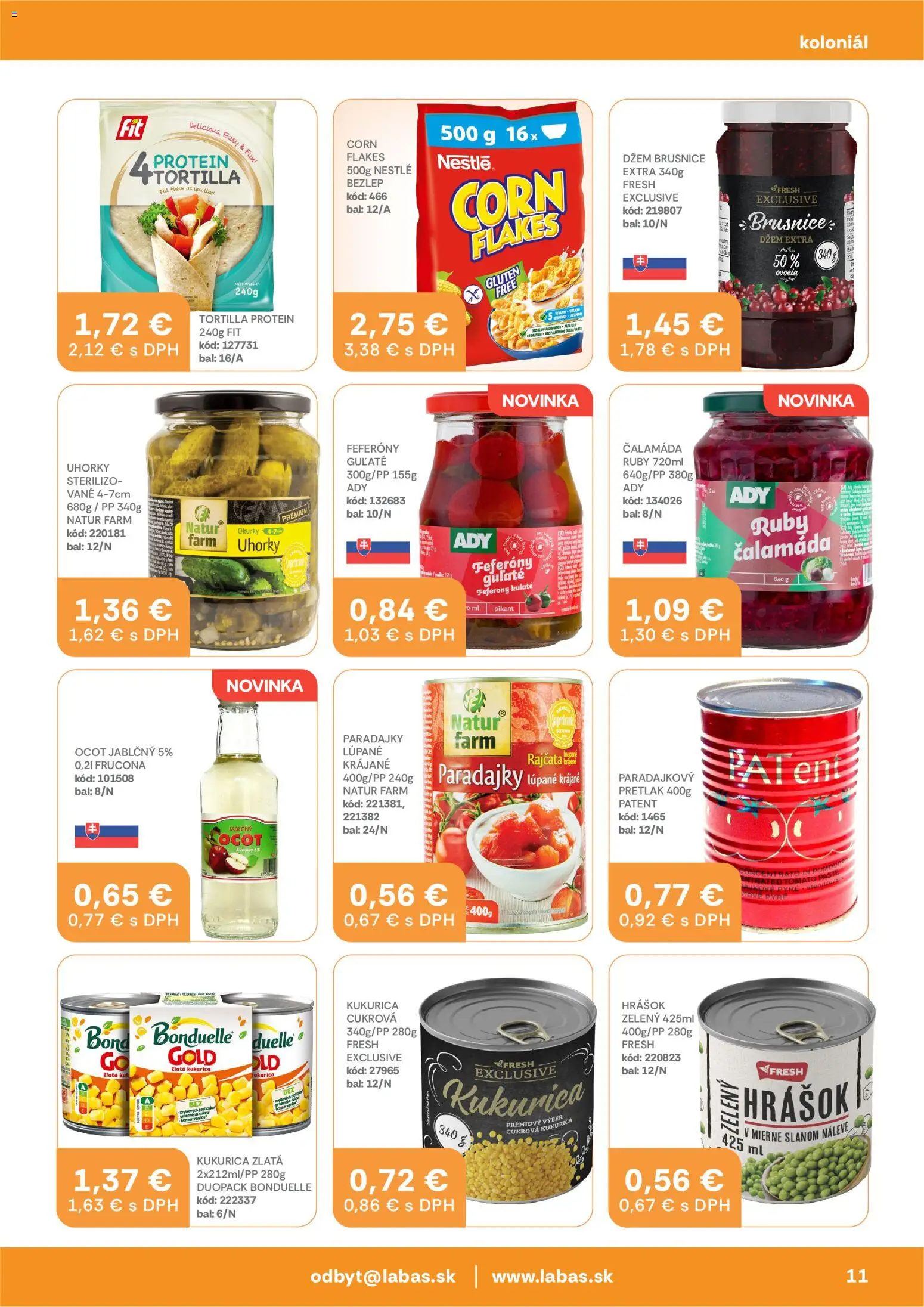 Nové Labaš akcie – leták je platný od 10.04.2026 | Strana: 11 | Produkty: Tortilla, Protein, Hrášok, Uhorky