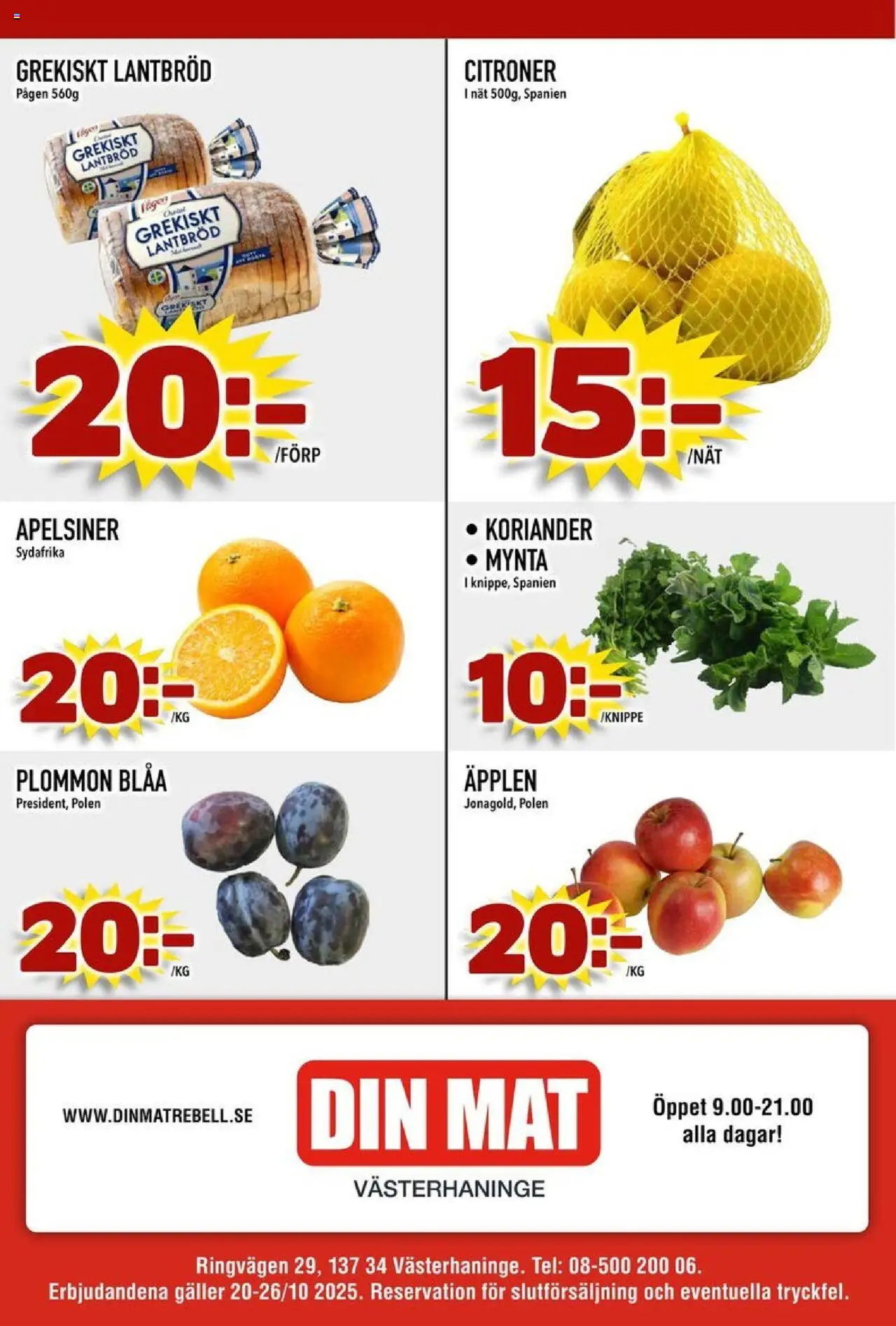 Din Mat reklamblad aktuell från 20.10.2025 | Sida: 8 | Produkter: Plommon, Lantbröd, Äpplen, Mynta