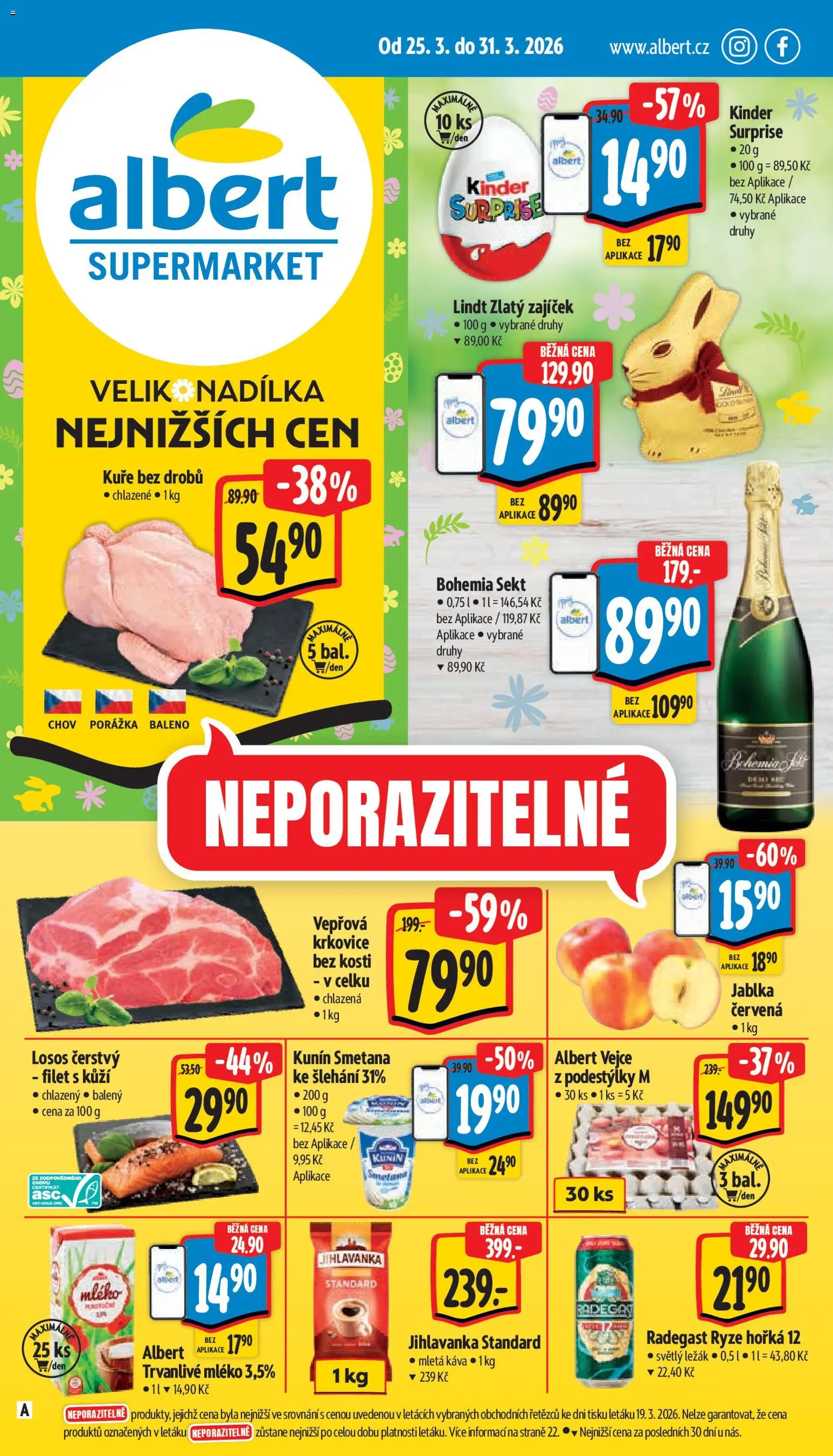 Albert leták - Supermarket od 25.03.2026 | Strana: 1 | Produkty: Lindt, Jihlavanka, Krkovice bez kosti, Kinder
