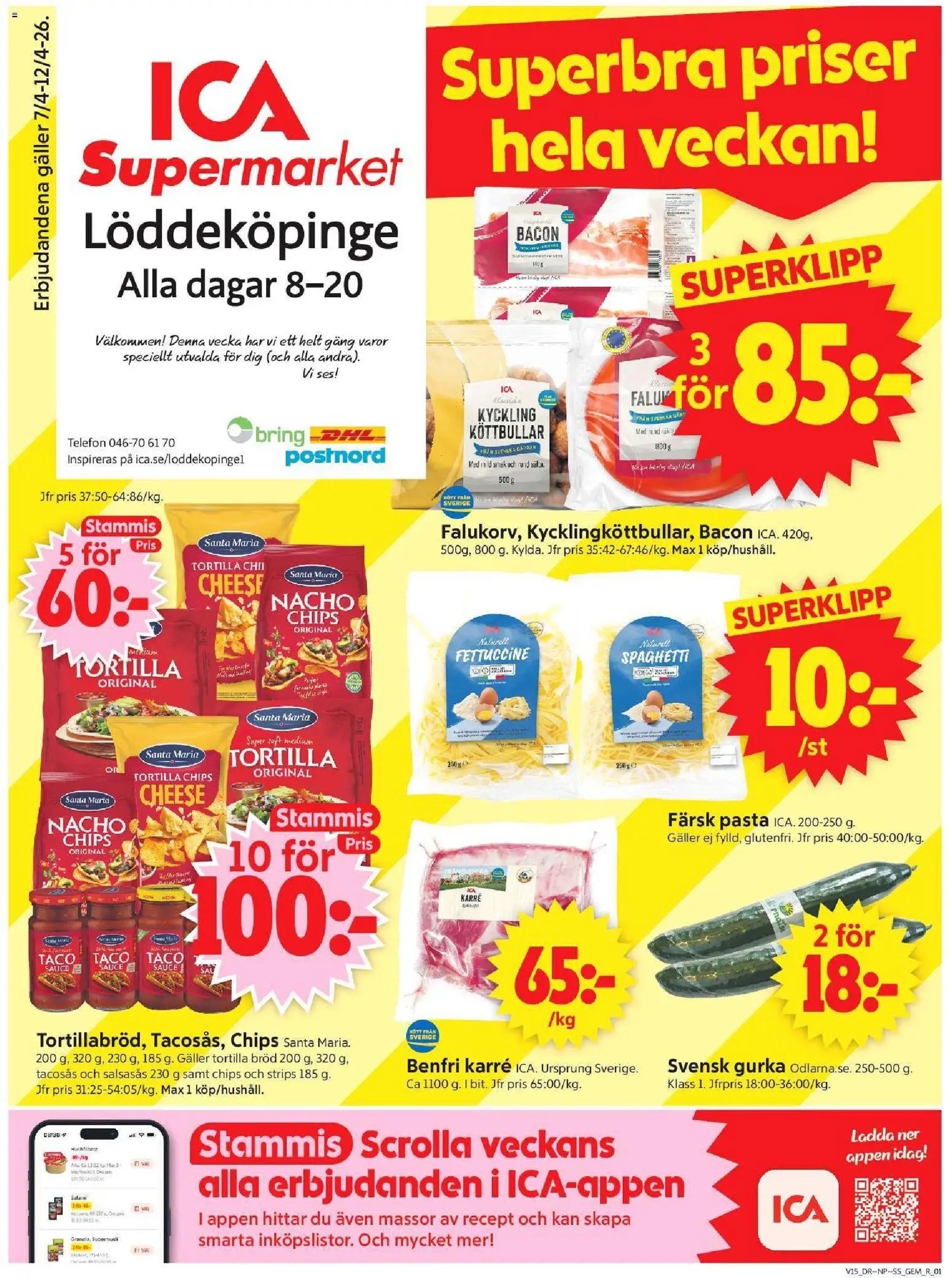 ICA Supermarket reklamblad aktuell från 06.04.2026 | Sida: 1 | Produkter: Tortilla, Salami, Spaghetti, Pasta
