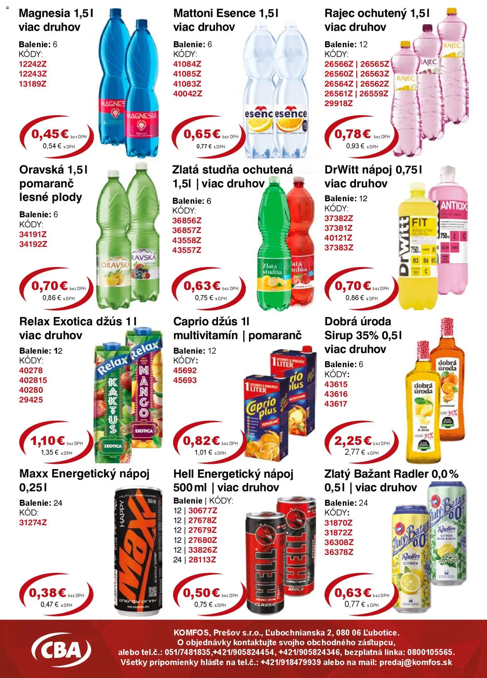 Nové CBA Komfos akcie – leták je platný od 24.04.2026 | Strana: 9 | Produkty: Radler, Rajec, Mattoni, Energetický nápoj