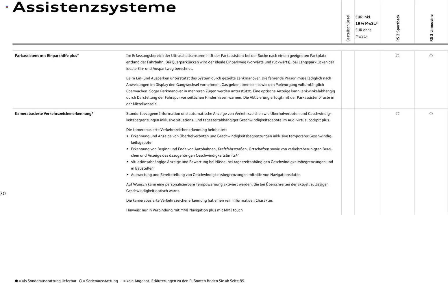 Audi RS 3 Sportback / RS 3 Limousine – gültig ab 25.10.2025 | Seite: 70 | Produkte: Navigation