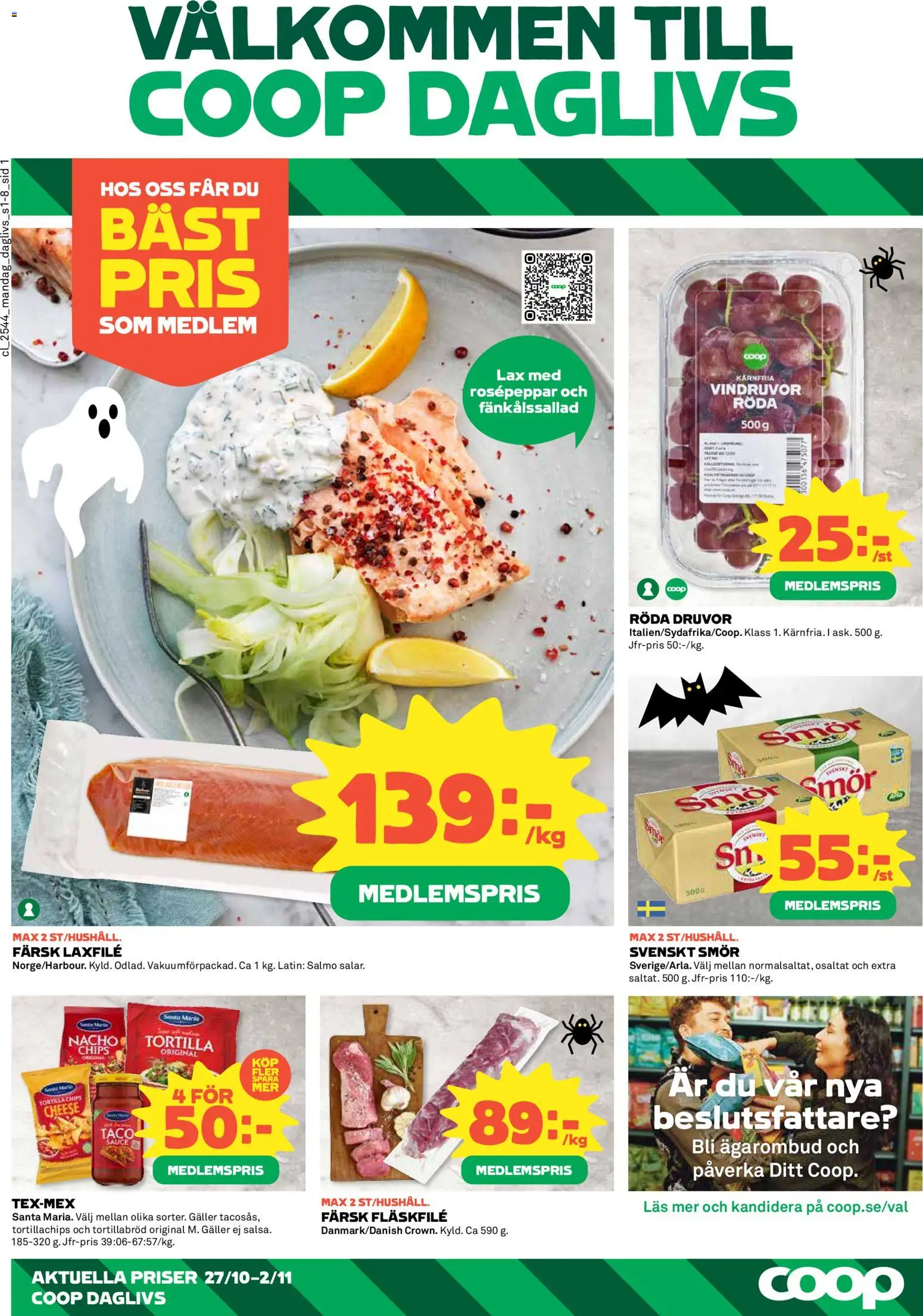Coop Daglivs reklamblad aktuell från 27.10.2025 | Sida: 1 | Produkter: Galler, Chips, Lax, Smör