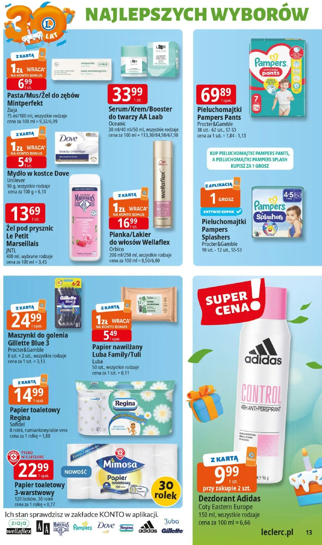 E.Leclerc Gazetka - Kłodzko od 10.06.2025 | Strona: 13 | Produkty: Pieluchomajtki, Prysznic, Mydło, Woda