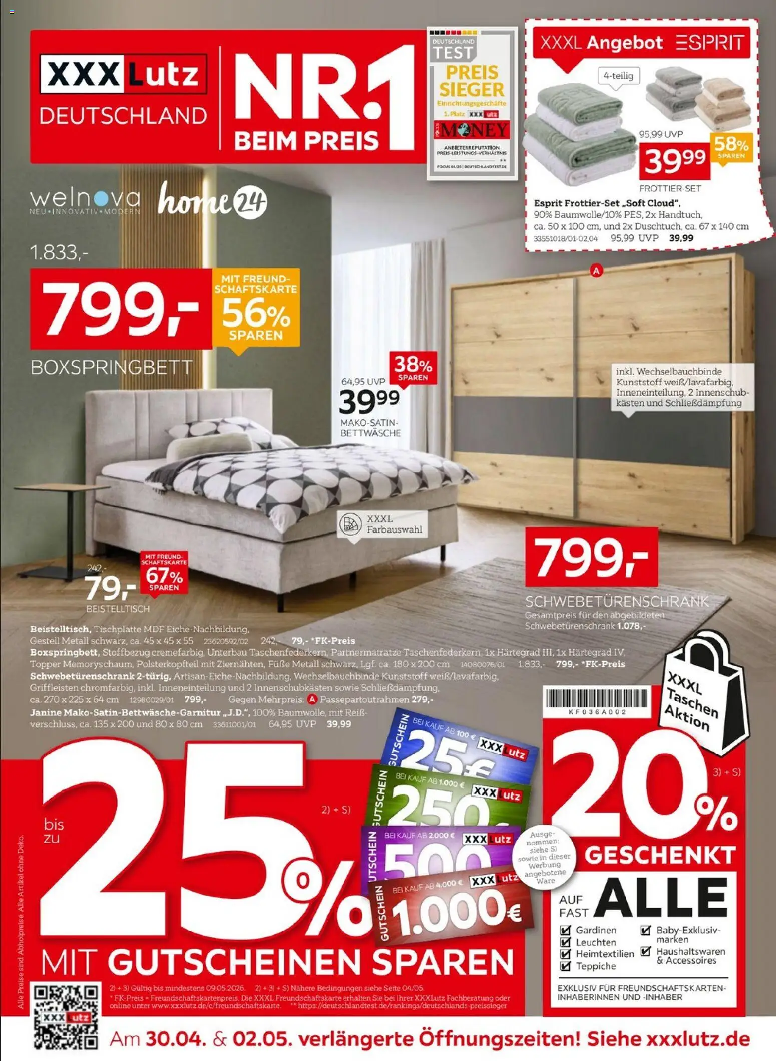 XXXLutz Nr. 1 beim Preis – gültig ab 25.04.2026 | Seite: 1 | Produkte: Beistelltisch, Boxspringbett, Topper, Bettwäsche