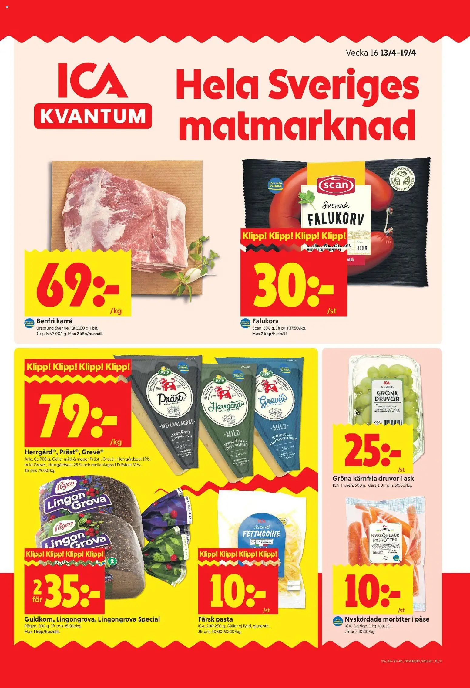 ICA Kvantum reklamblad aktuell från 13.04.2026 | Sida: 1 | Produkter: Lingongrova, Galler, Falukorv, Pasta