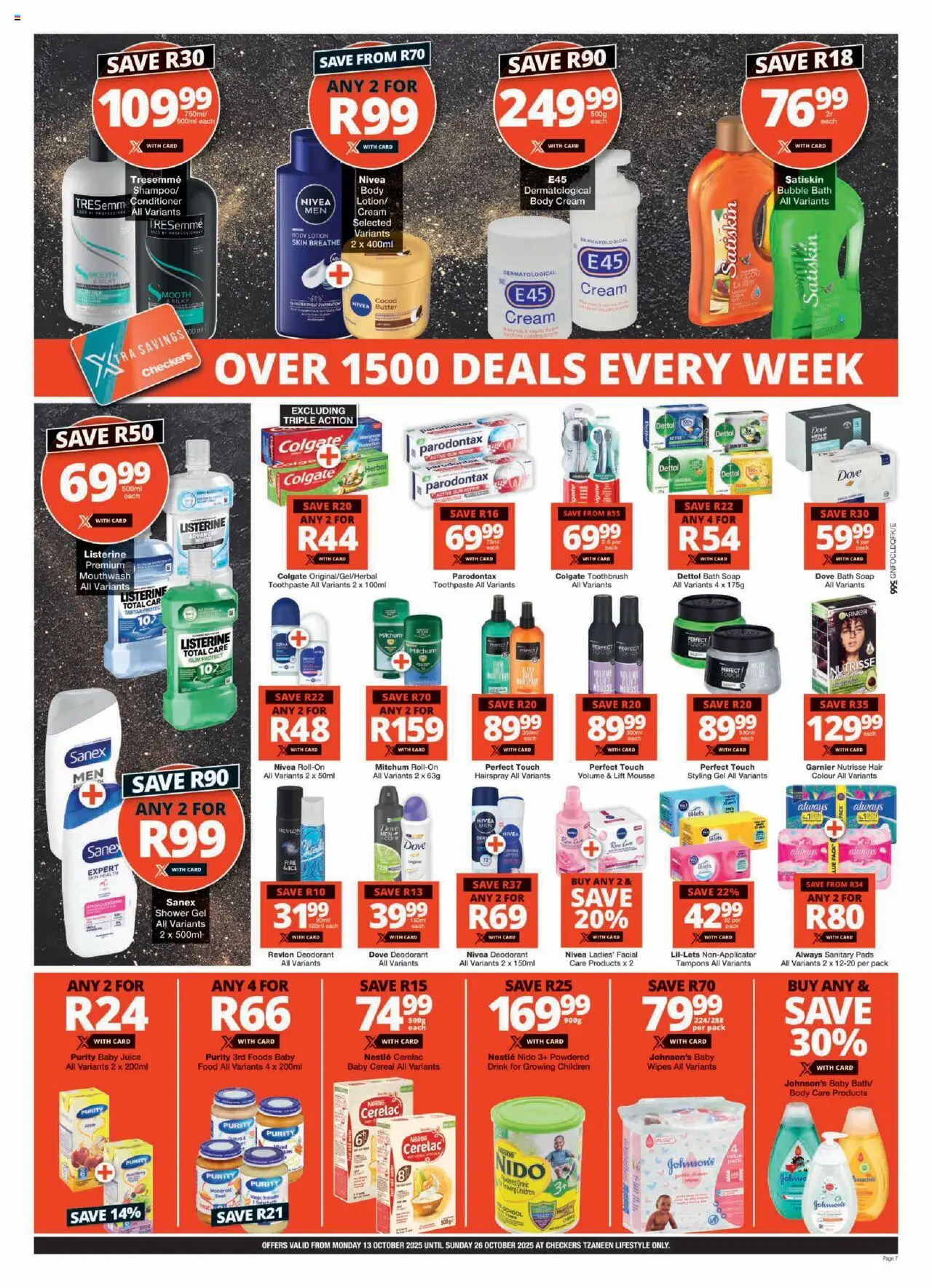 New Checkers catalogue – valid from 13.10.2025 | Page: 7 | Products: Conditioner, Soap, Deodorant, Toothbrush