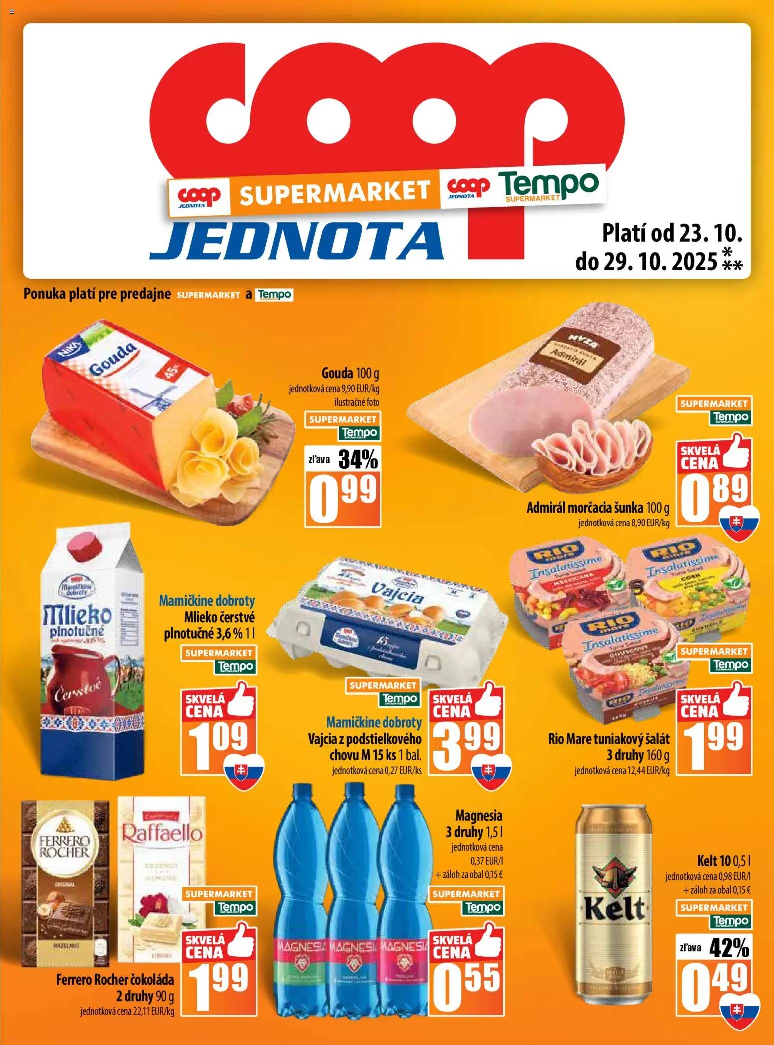 Nové COOP Jednota akcie – leták je platný od 23.10.2025 | Strana: 13 | Produkty: Mlieko, Šunka, Gouda, Kelt
